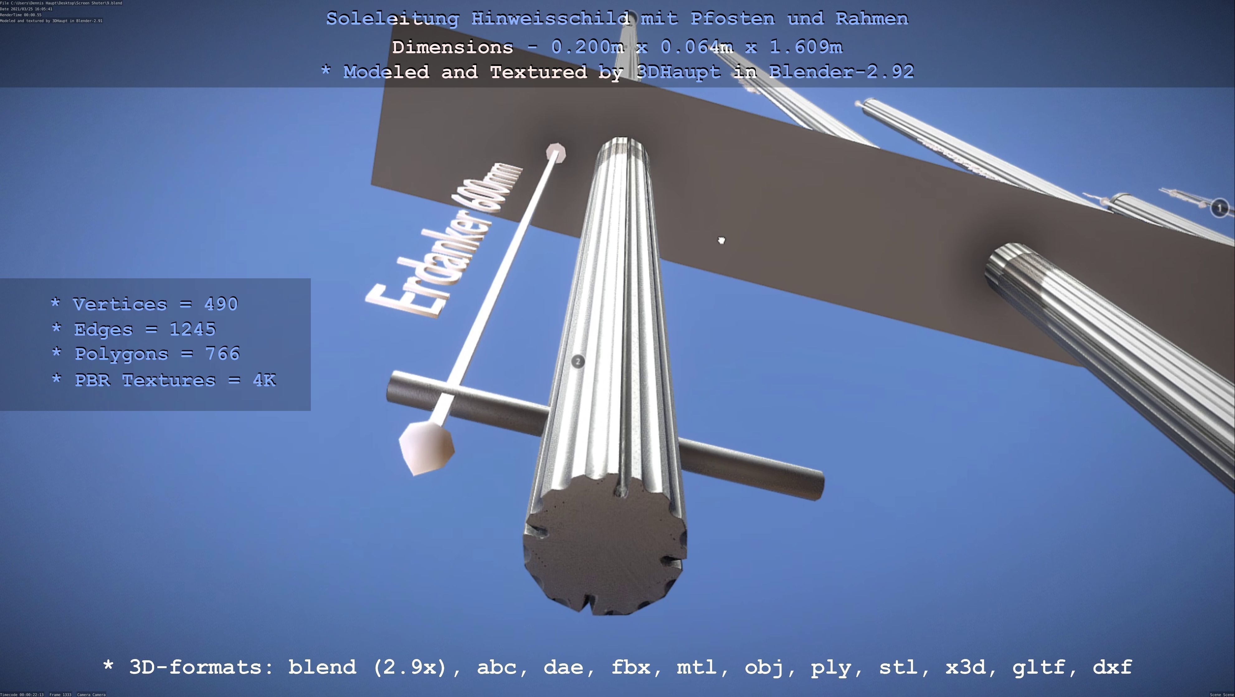 Hinweisschild Soleleitung mit Pfosten und Rahmen Low-poly 3D model_18