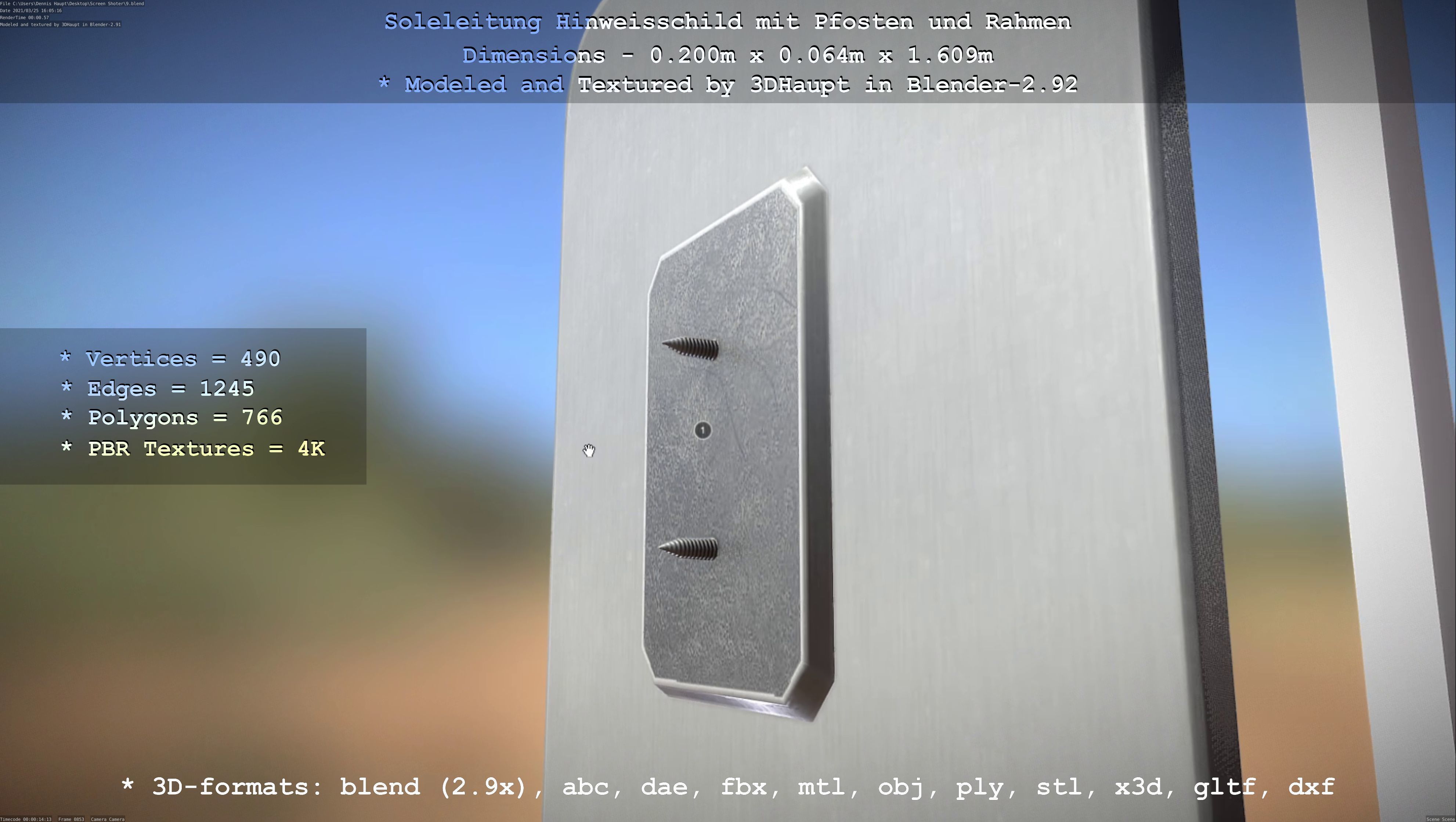 Hinweisschild Soleleitung mit Pfosten und Rahmen Low-poly 3D model_10