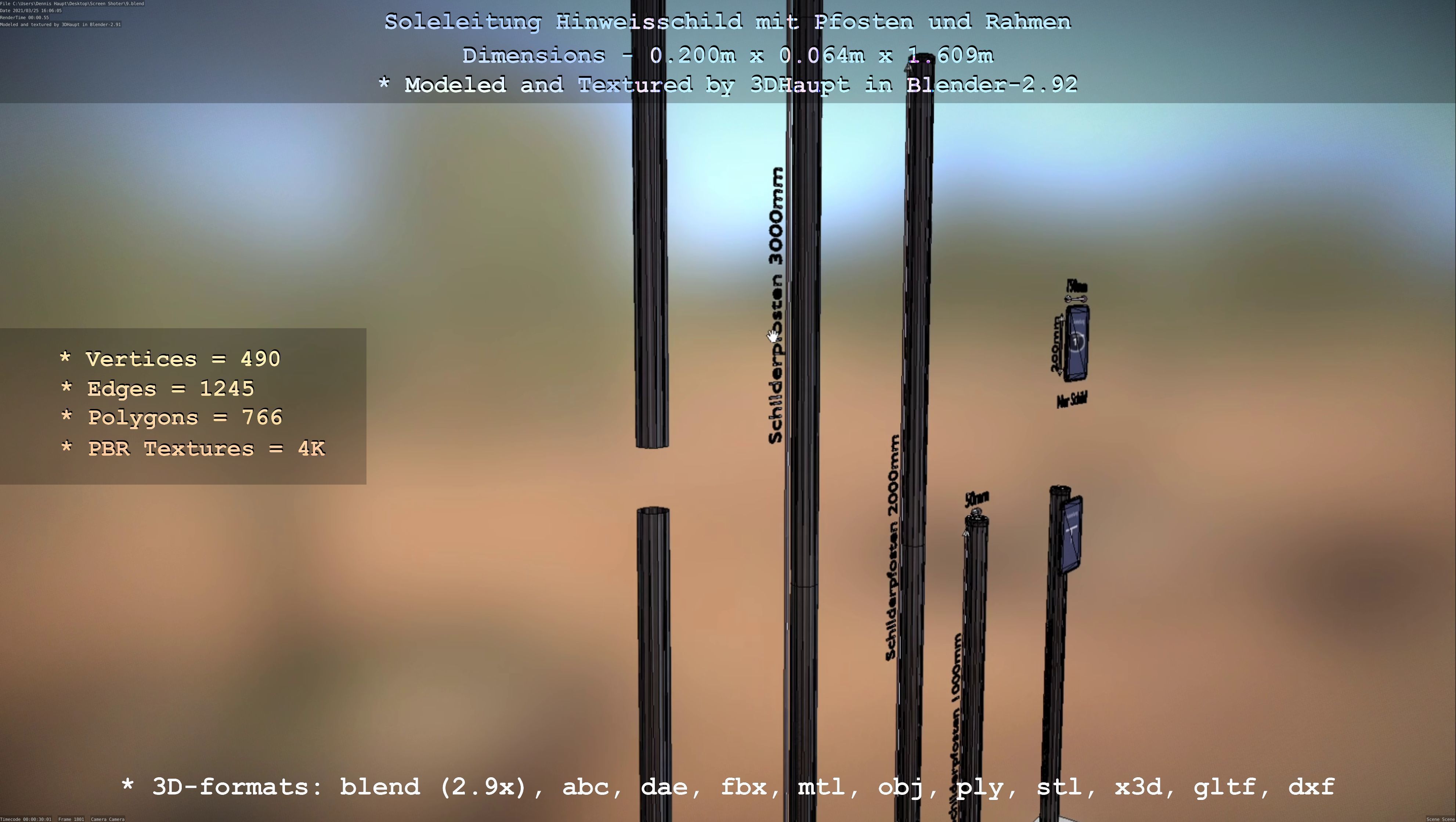 Hinweisschild Soleleitung mit Pfosten und Rahmen Low-poly 3D model_49