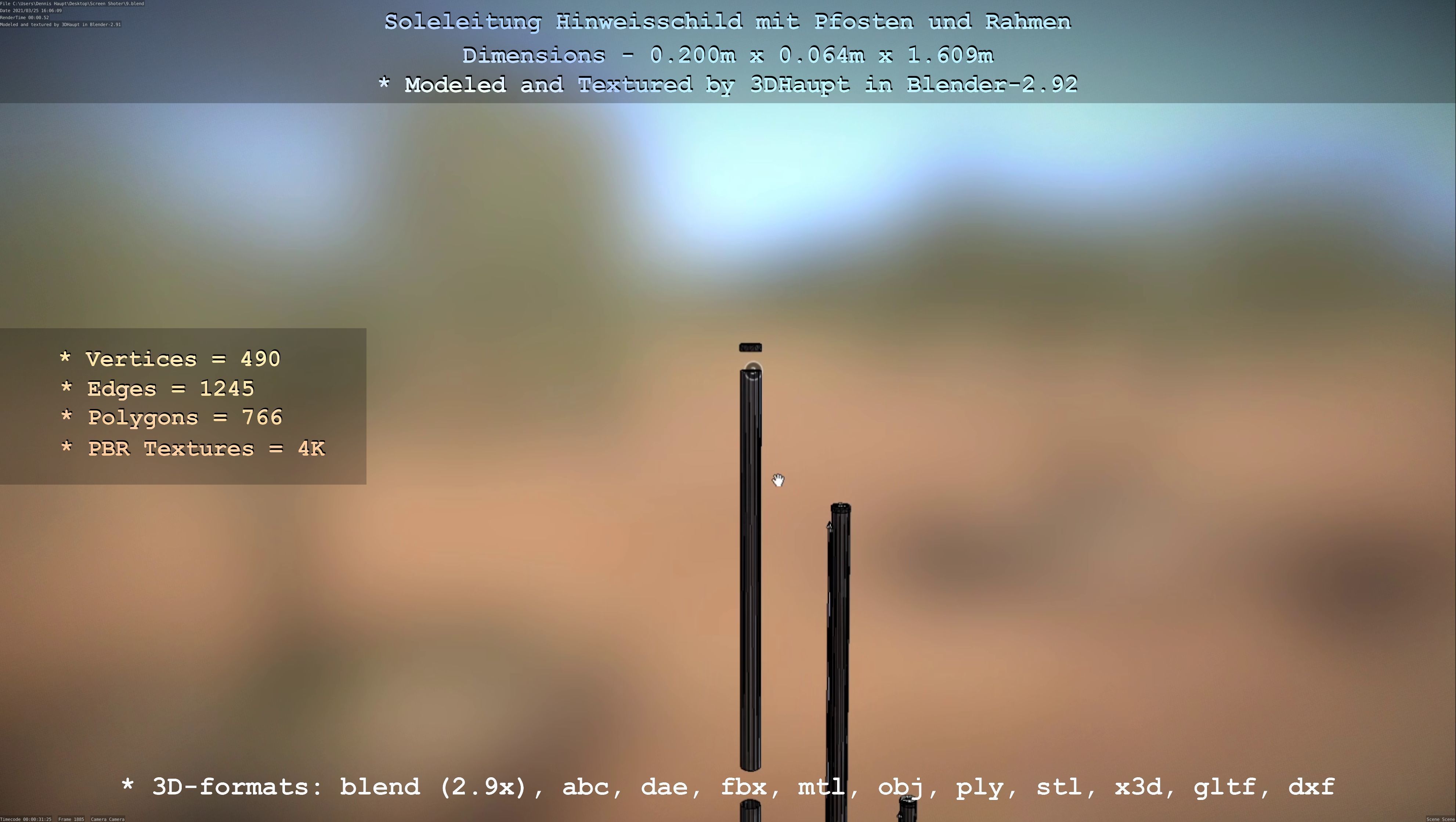 Hinweisschild Soleleitung mit Pfosten und Rahmen Low-poly 3D model_57