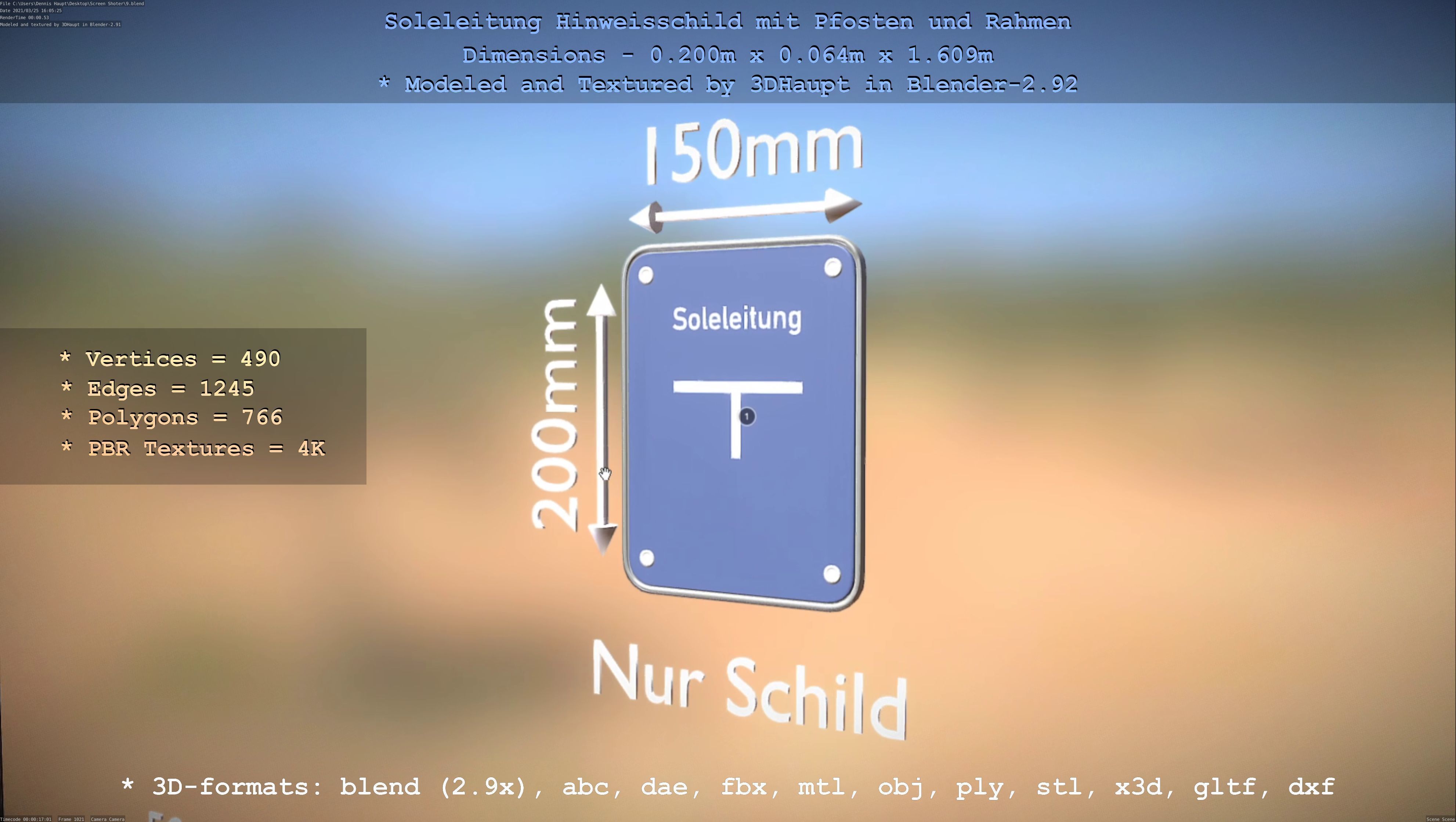 Hinweisschild Soleleitung mit Pfosten und Rahmen Low-poly 3D model_117