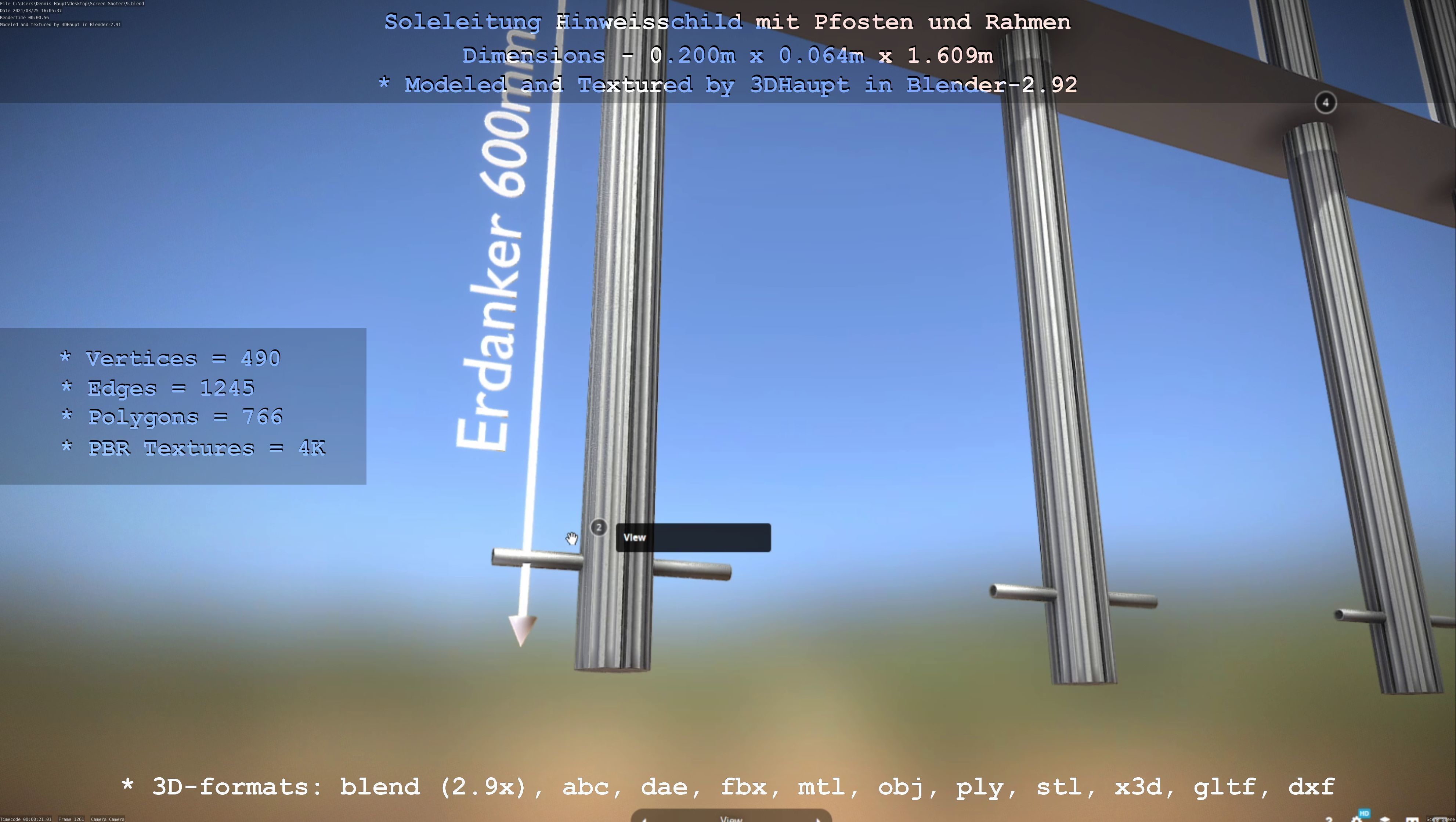 Hinweisschild Soleleitung mit Pfosten und Rahmen Low-poly 3D model_128