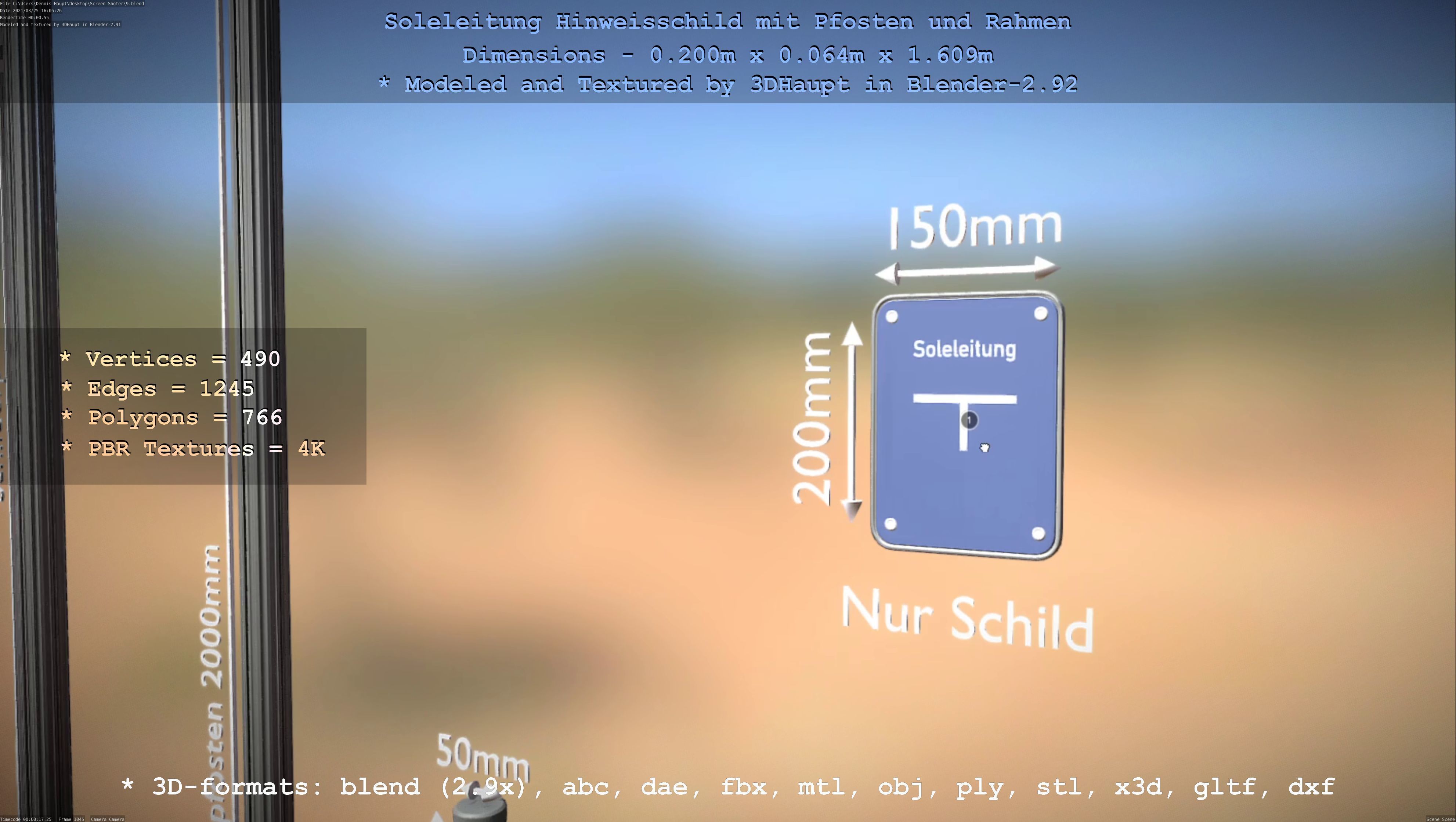 Hinweisschild Soleleitung mit Pfosten und Rahmen Low-poly 3D model_13