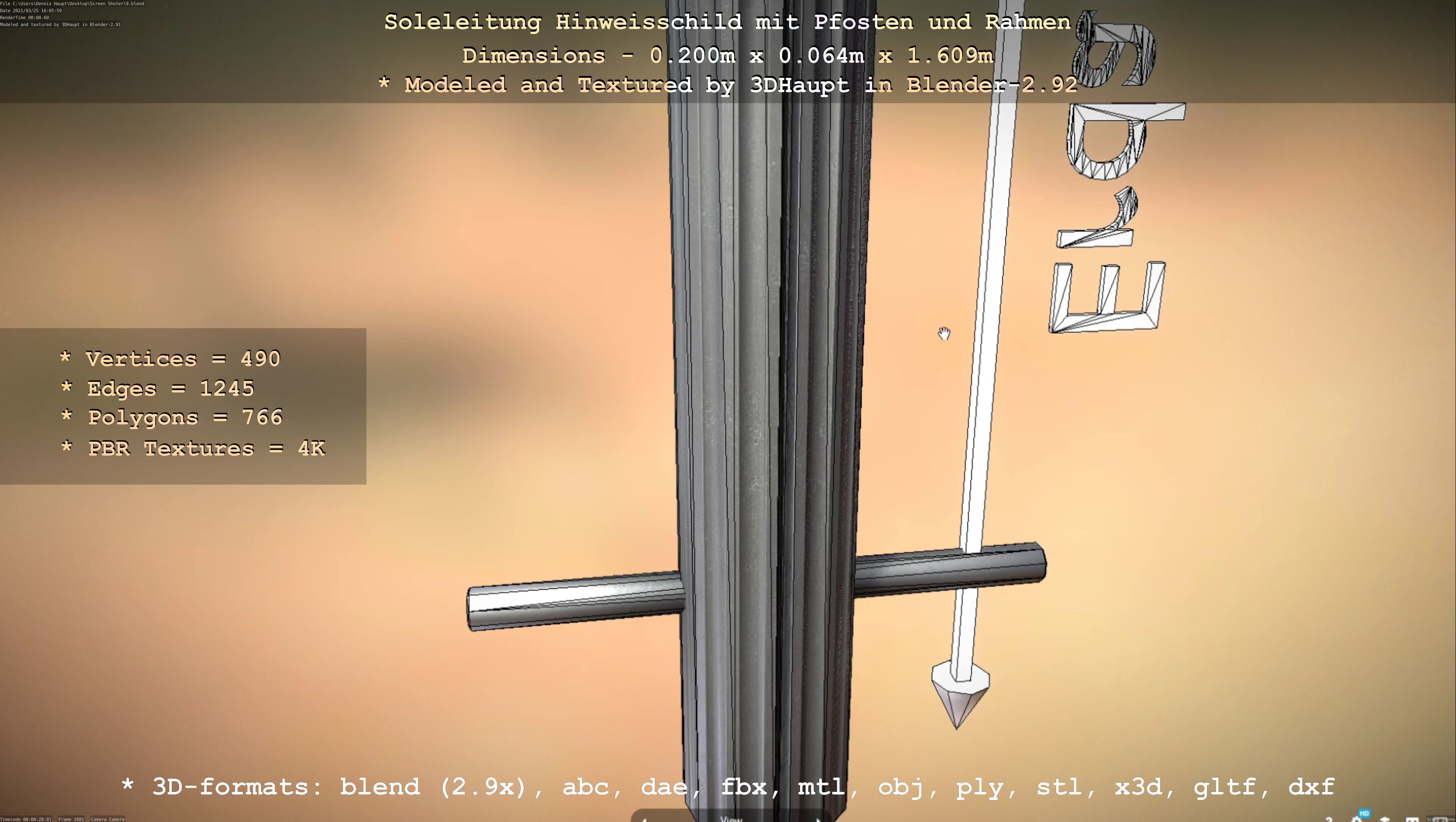 Hinweisschild Soleleitung mit Pfosten und Rahmen Low-poly 3D model_45