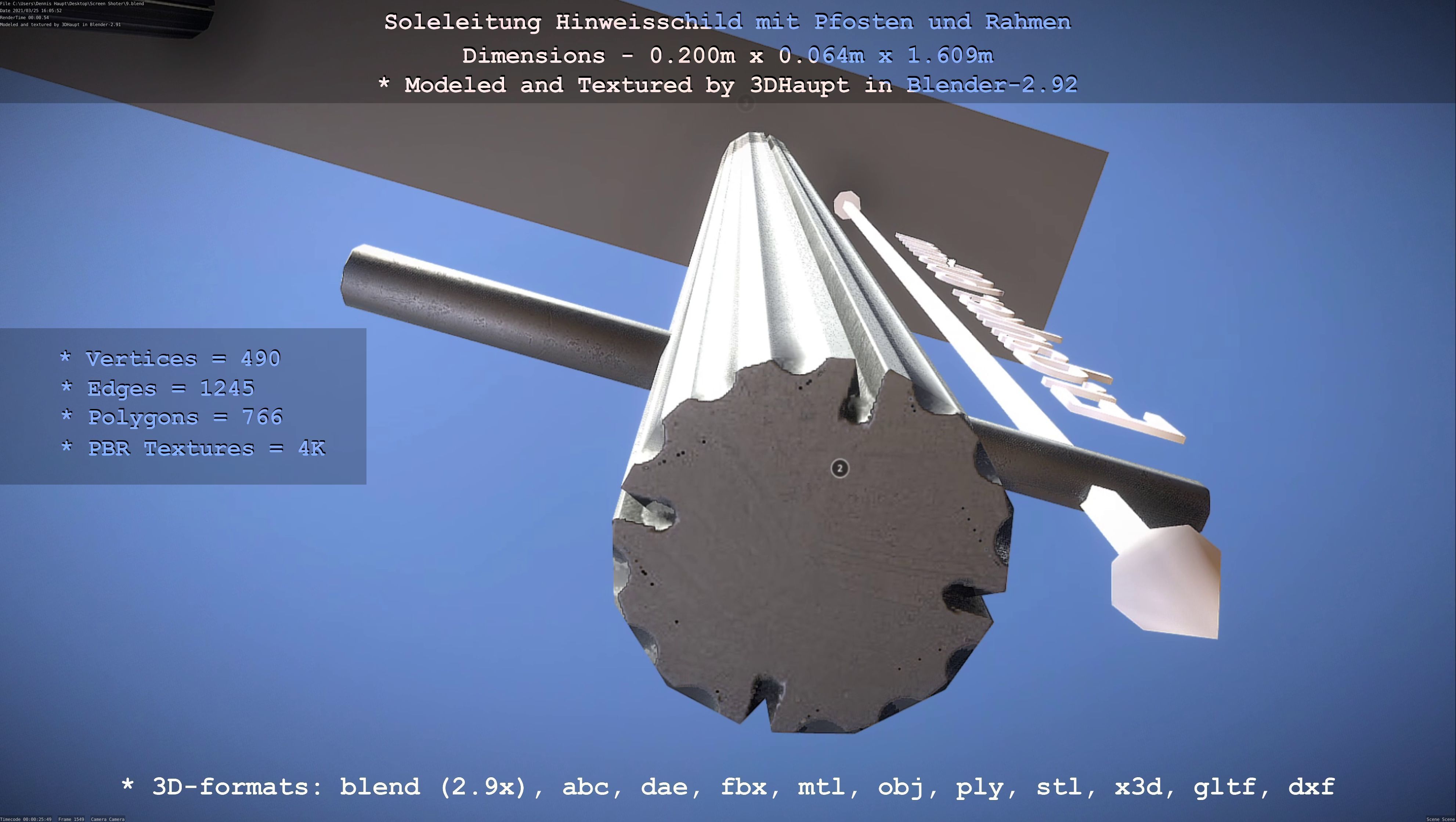 Hinweisschild Soleleitung mit Pfosten und Rahmen Low-poly 3D model_40
