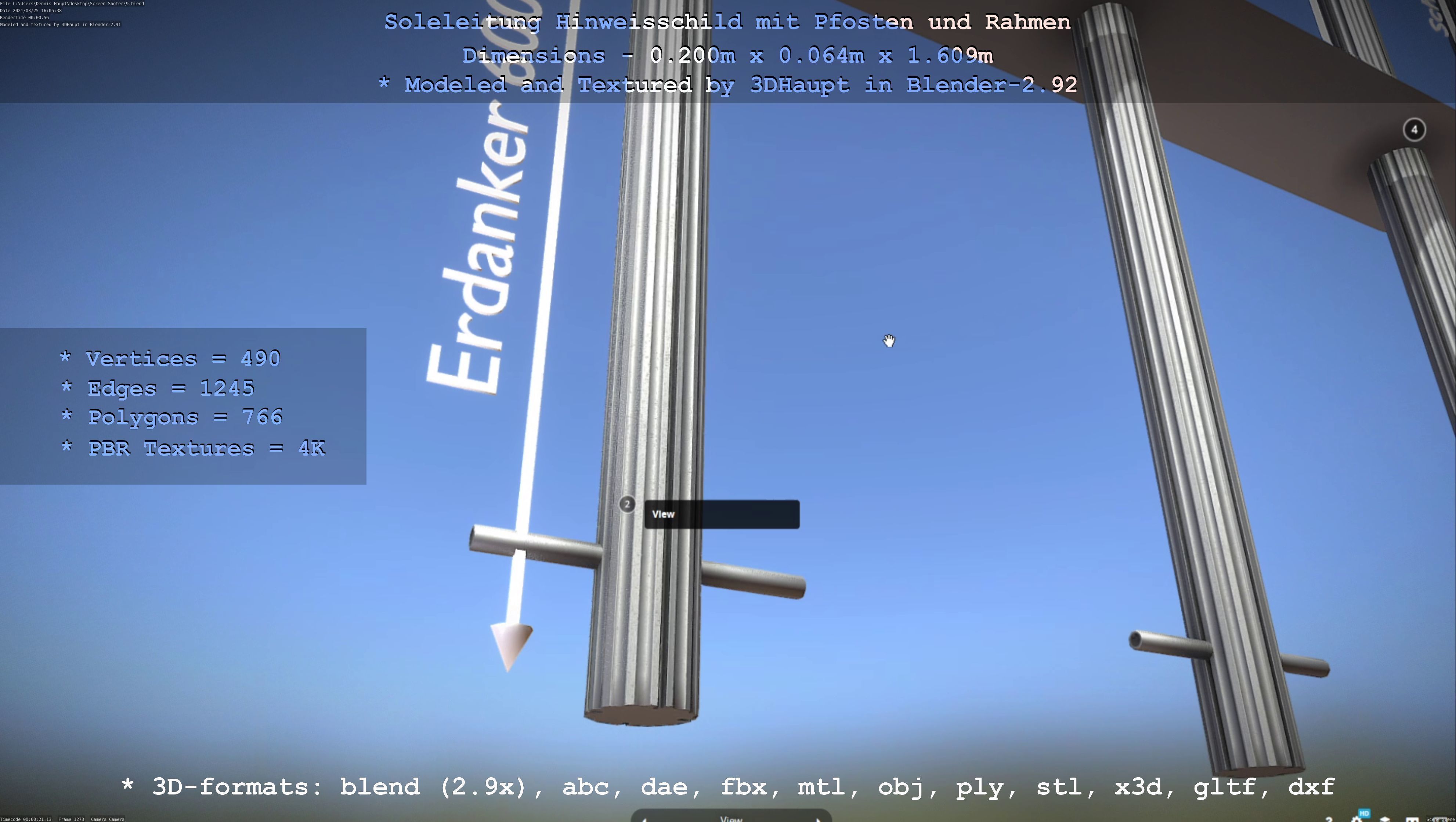 Hinweisschild Soleleitung mit Pfosten und Rahmen Low-poly 3D model_129