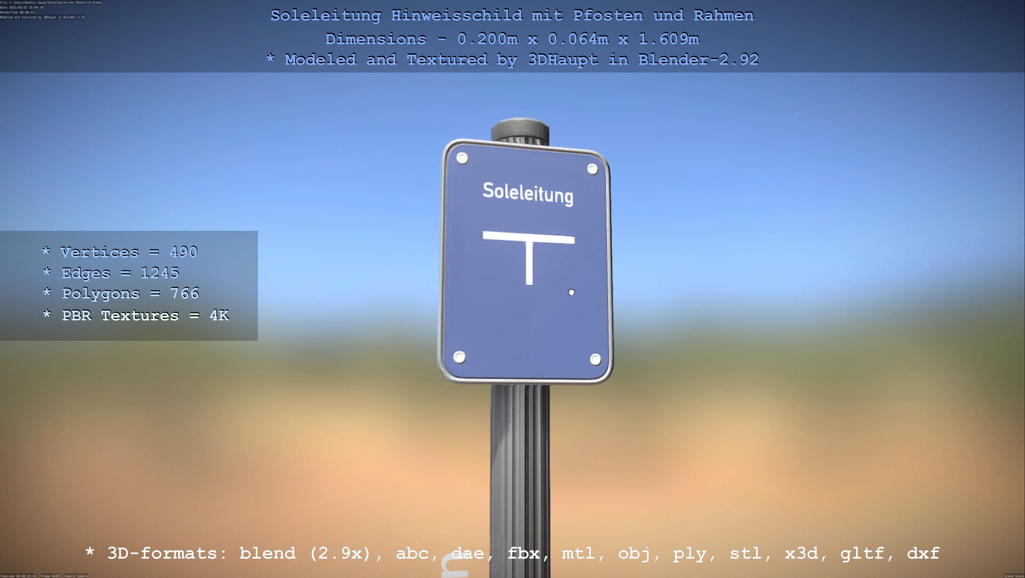Hinweisschild Soleleitung mit Pfosten und Rahmen Low-poly 3D model_25
