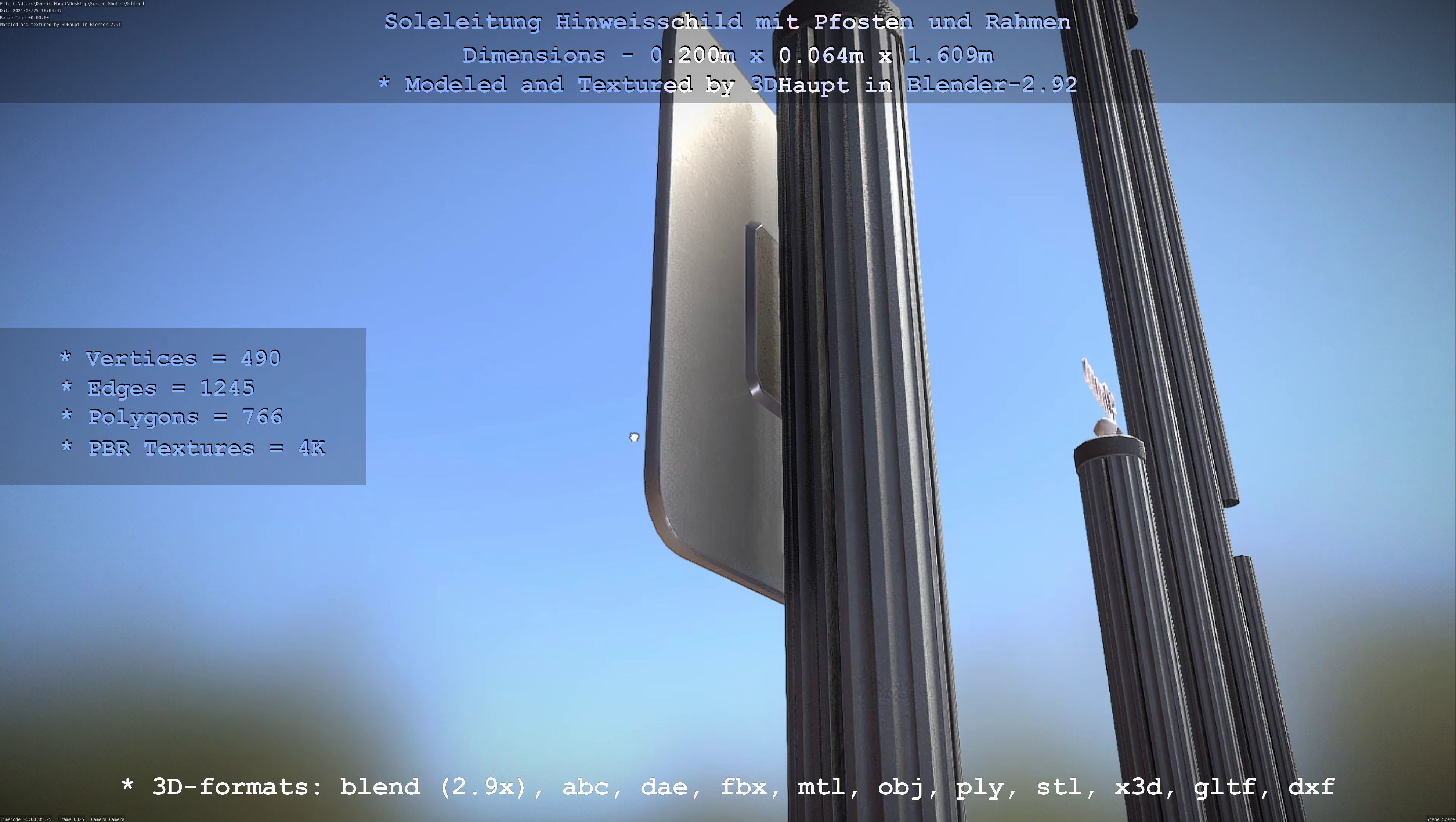 Hinweisschild Soleleitung mit Pfosten und Rahmen Low-poly 3D model_89