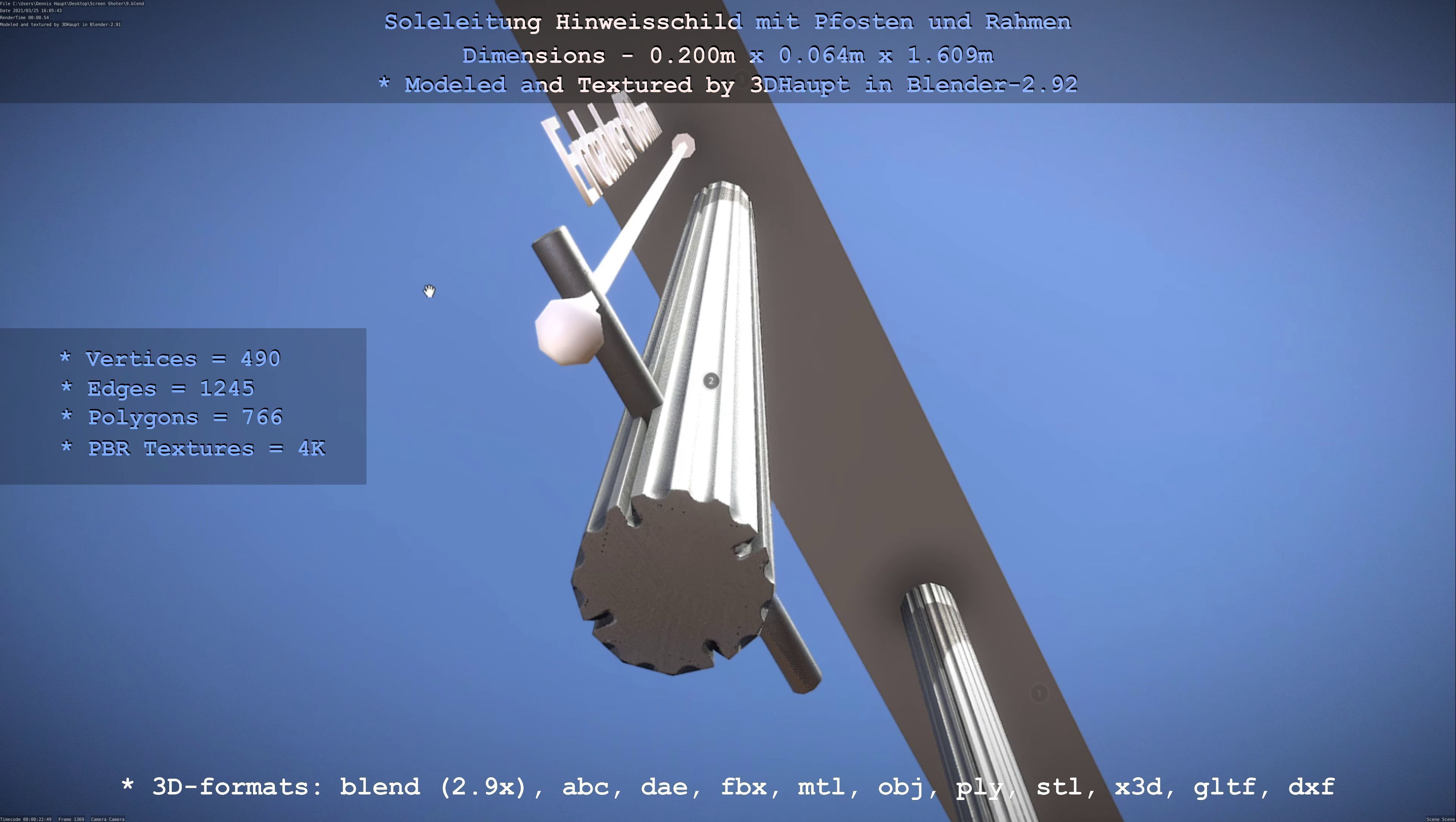 Hinweisschild Soleleitung mit Pfosten und Rahmen Low-poly 3D model_136