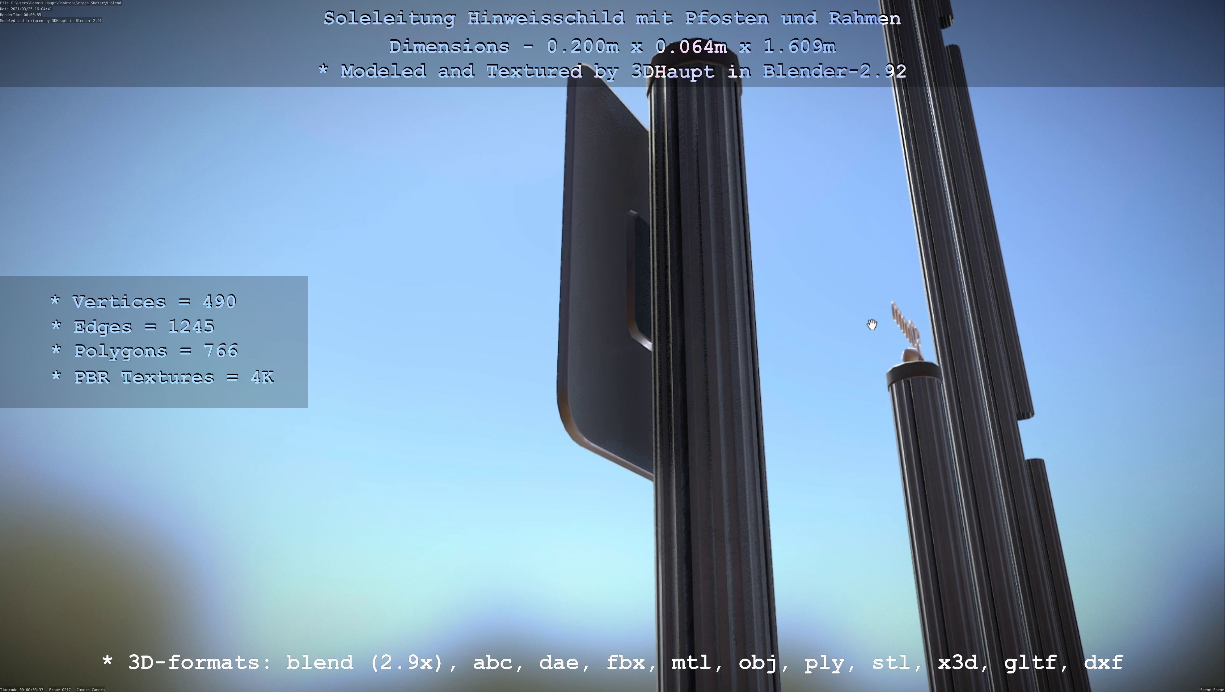 Hinweisschild Soleleitung mit Pfosten und Rahmen Low-poly 3D model_82