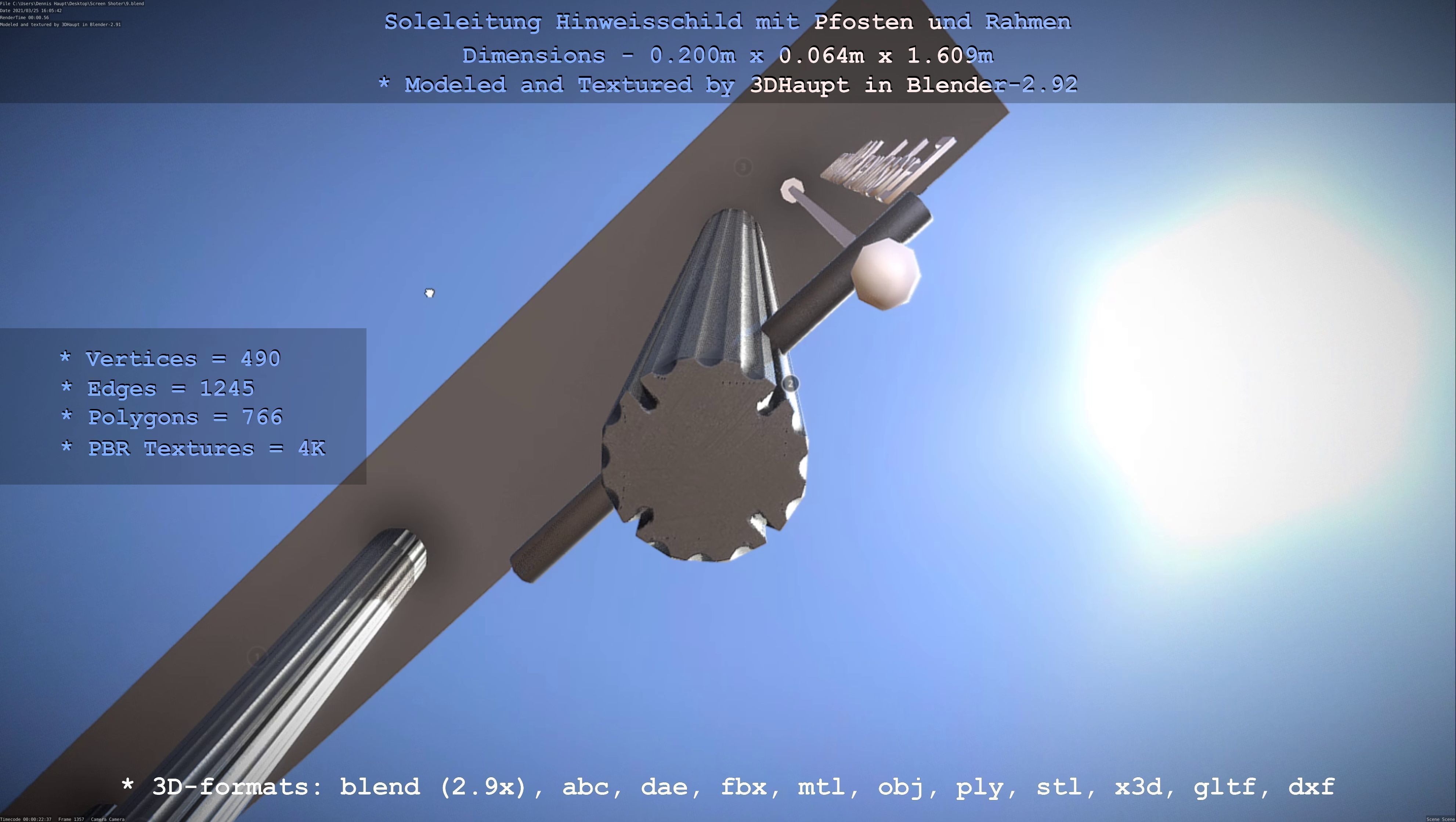Hinweisschild Soleleitung mit Pfosten und Rahmen Low-poly 3D model_135