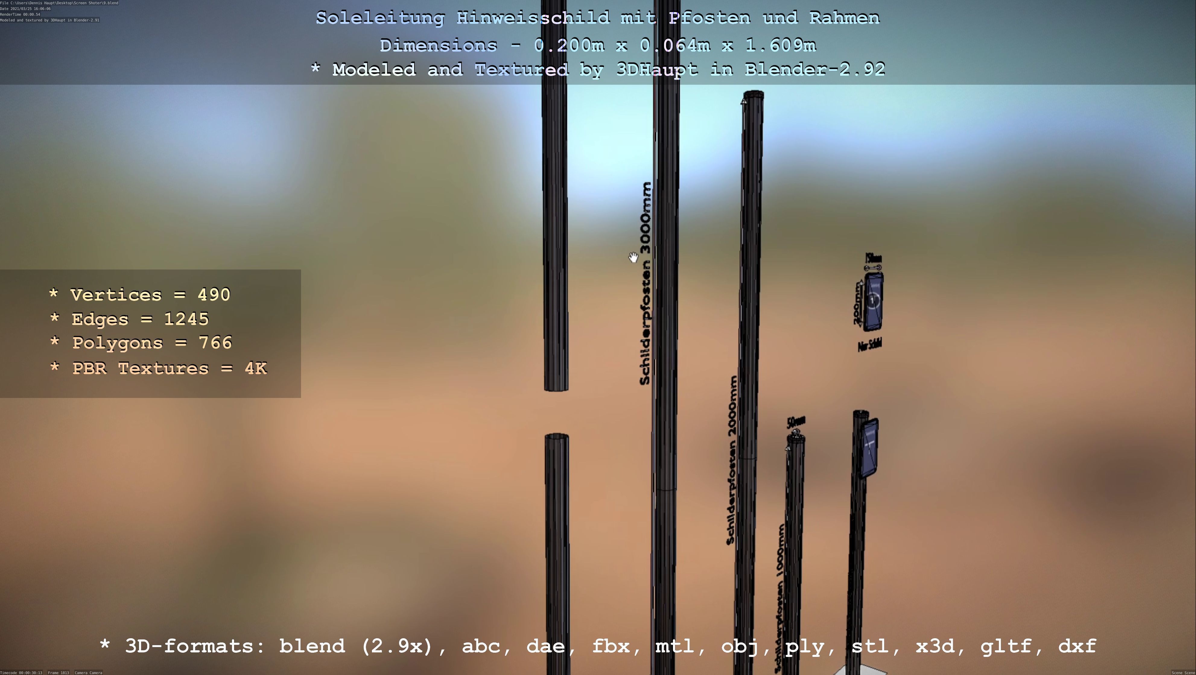 Hinweisschild Soleleitung mit Pfosten und Rahmen Low-poly 3D model_50