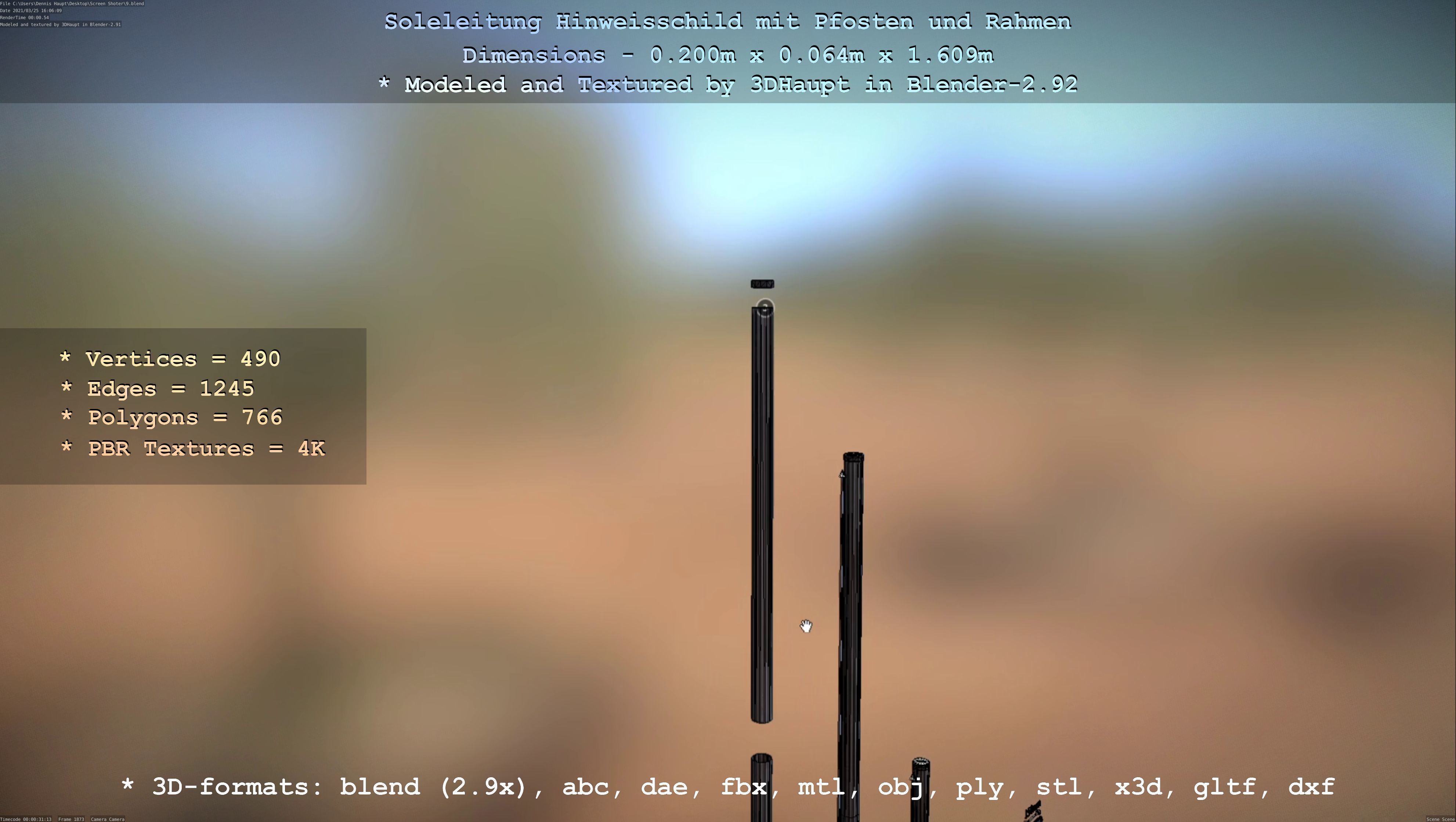 Hinweisschild Soleleitung mit Pfosten und Rahmen Low-poly 3D model_56