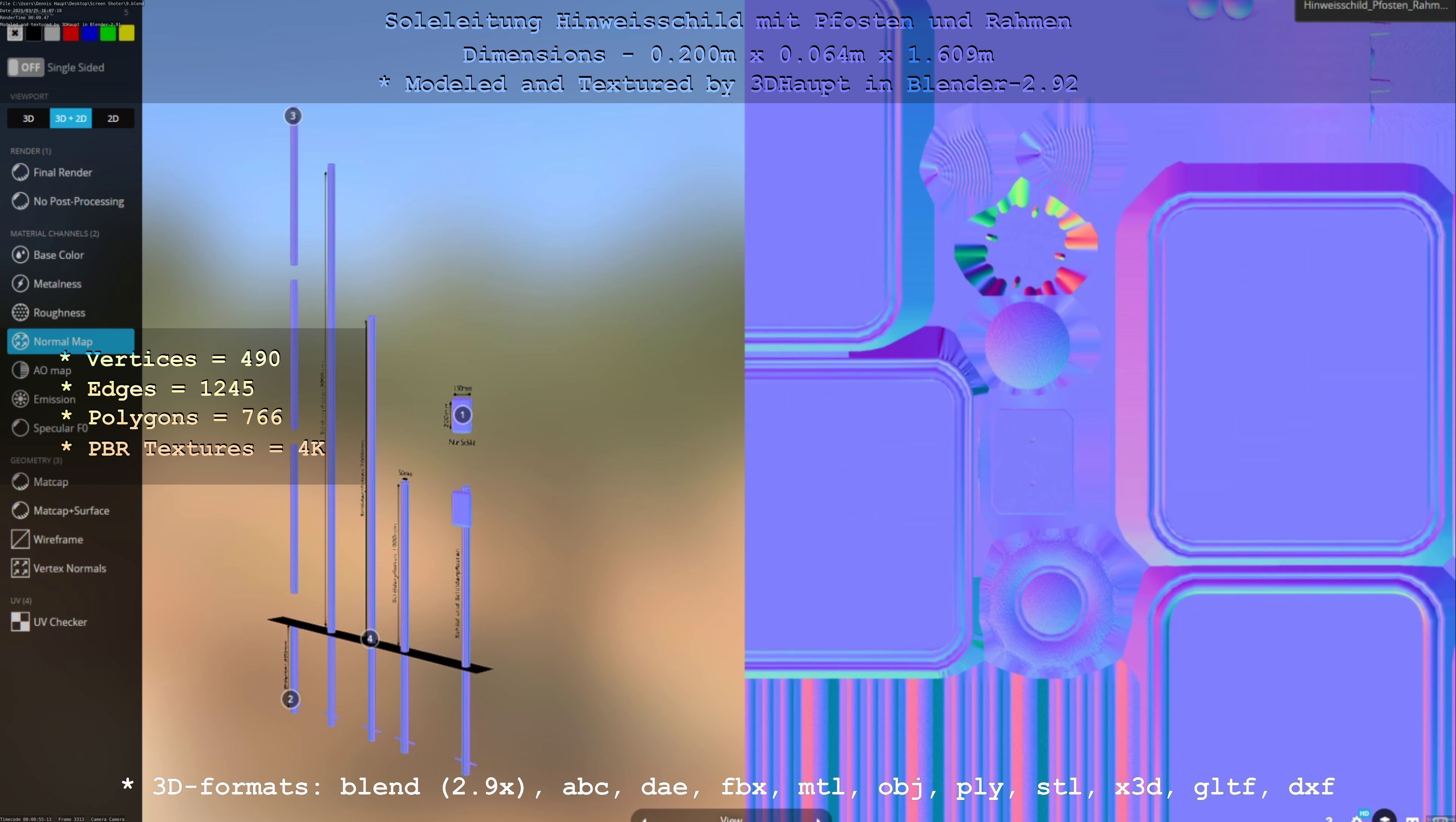Hinweisschild Soleleitung mit Pfosten und Rahmen Low-poly 3D model_72