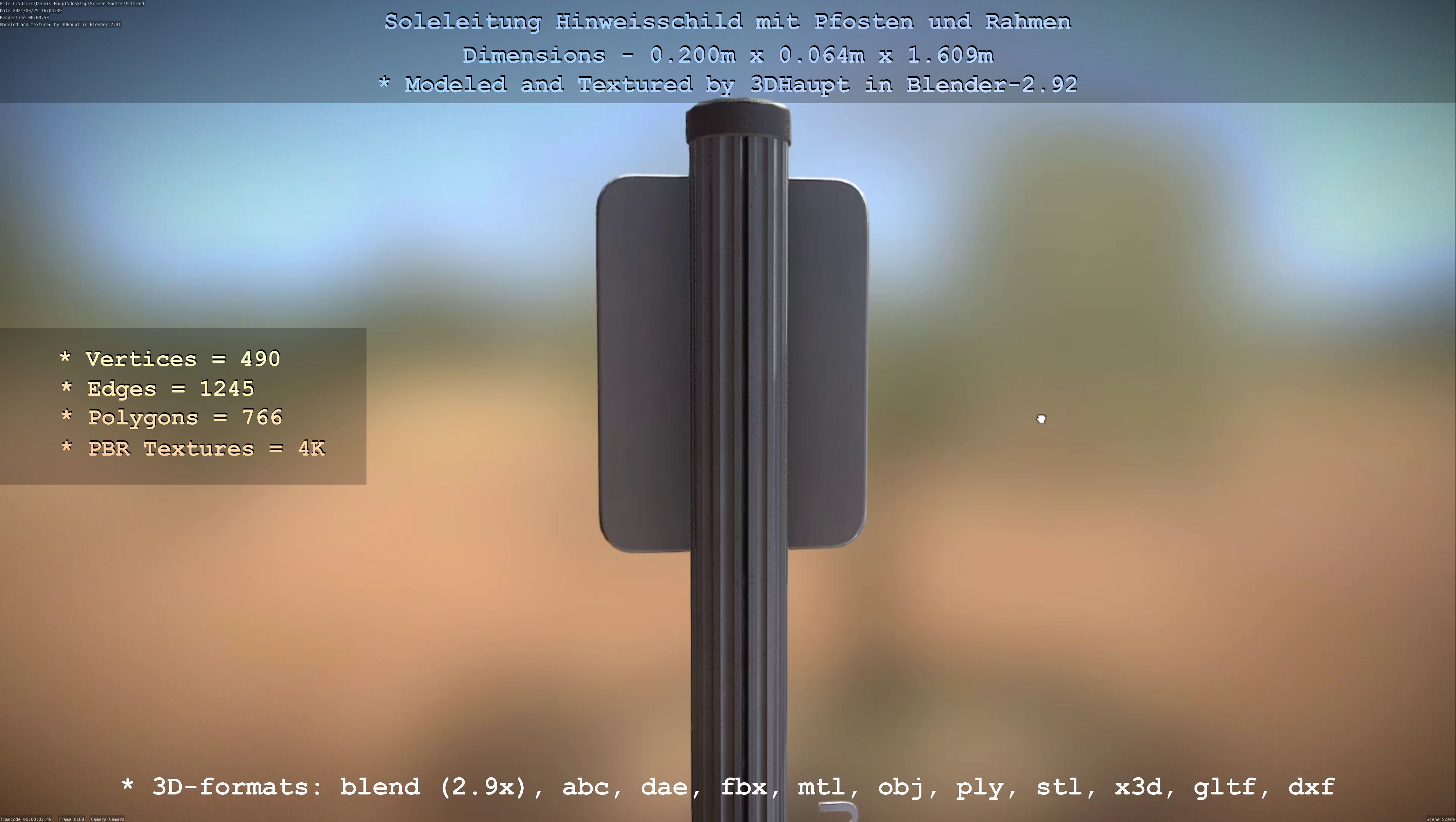 Hinweisschild Soleleitung mit Pfosten und Rahmen Low-poly 3D model_27