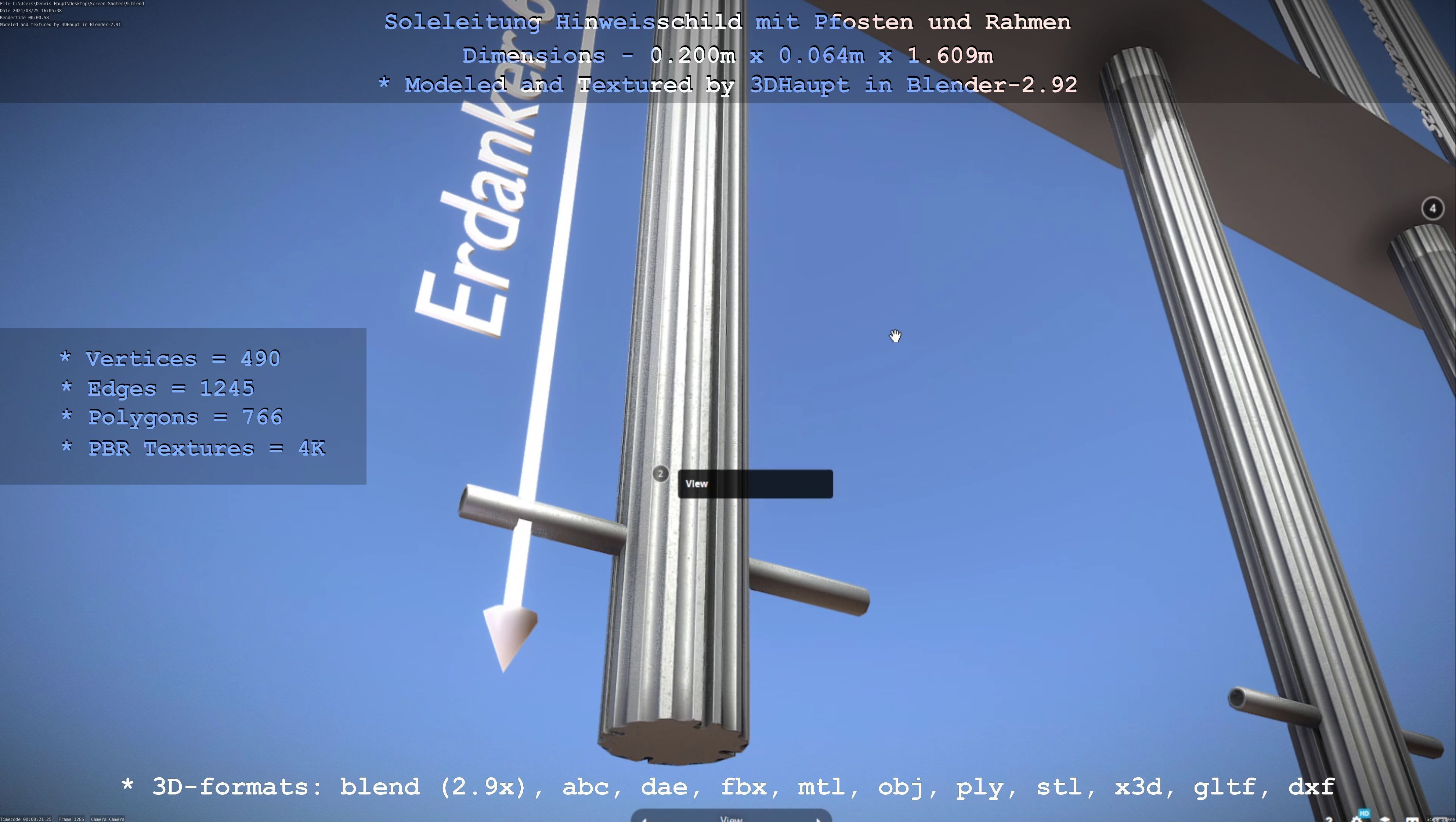 Hinweisschild Soleleitung mit Pfosten und Rahmen Low-poly 3D model_130