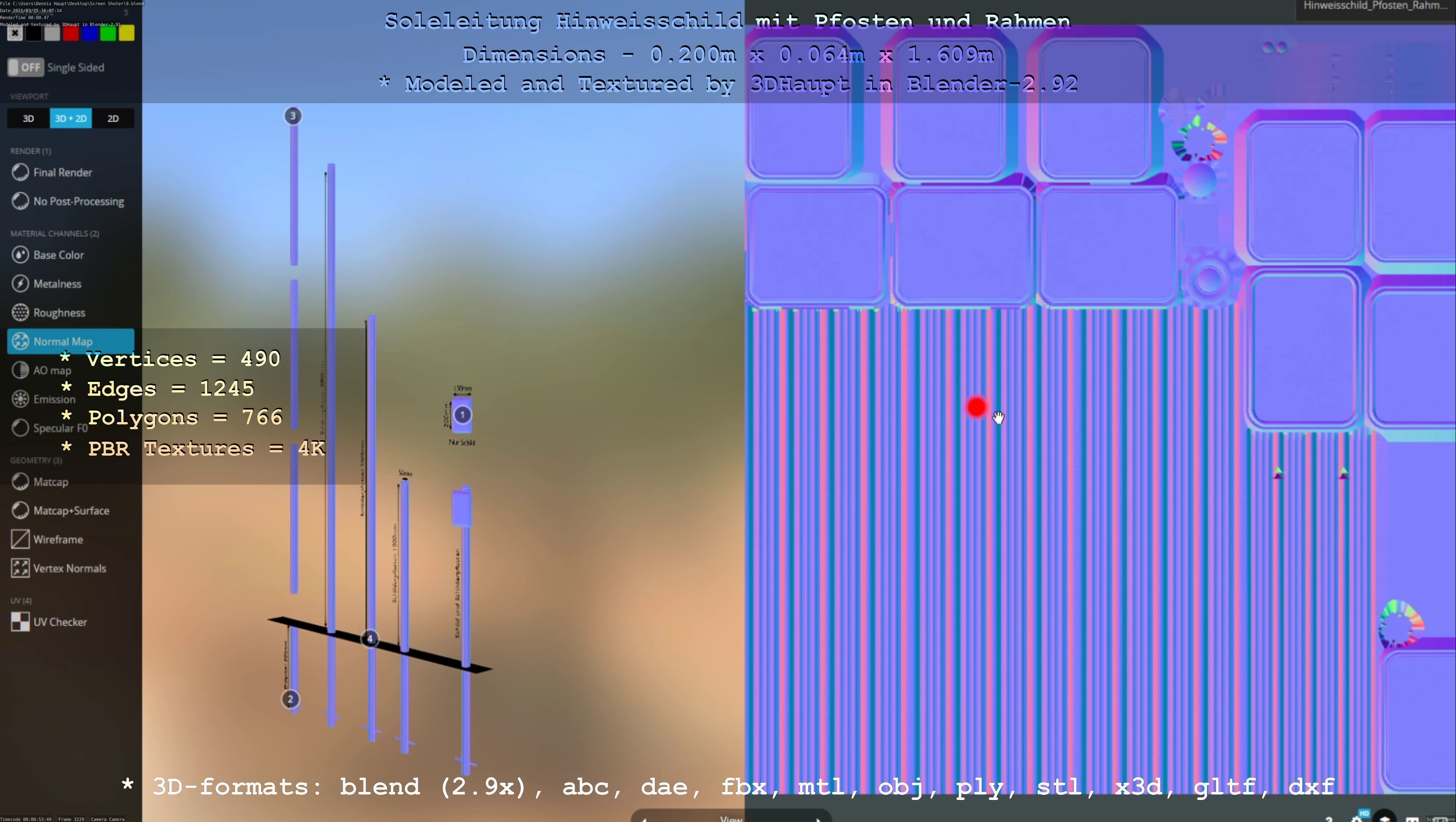 Hinweisschild Soleleitung mit Pfosten und Rahmen Low-poly 3D model_22