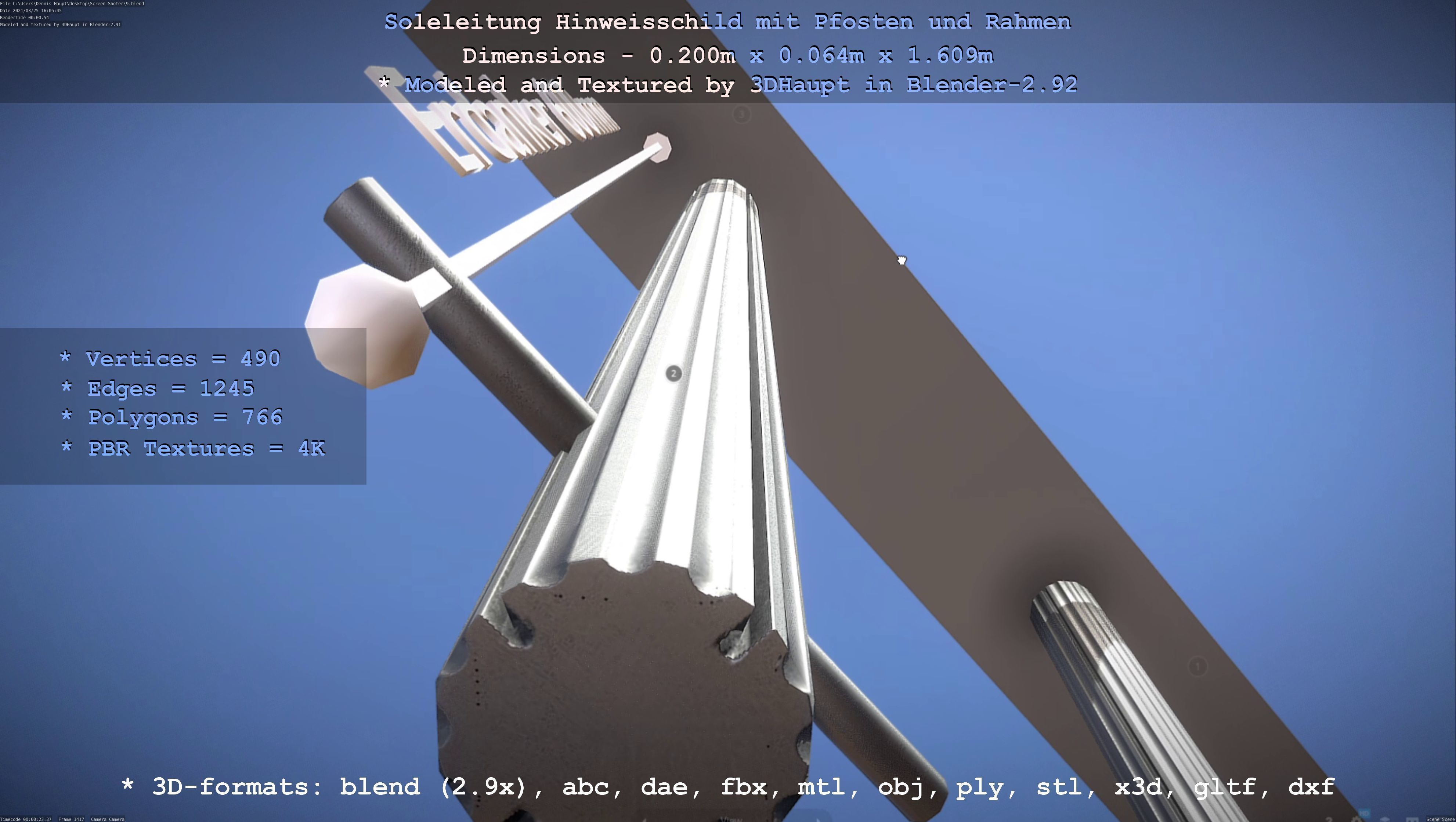 Hinweisschild Soleleitung mit Pfosten und Rahmen Low-poly 3D model_140