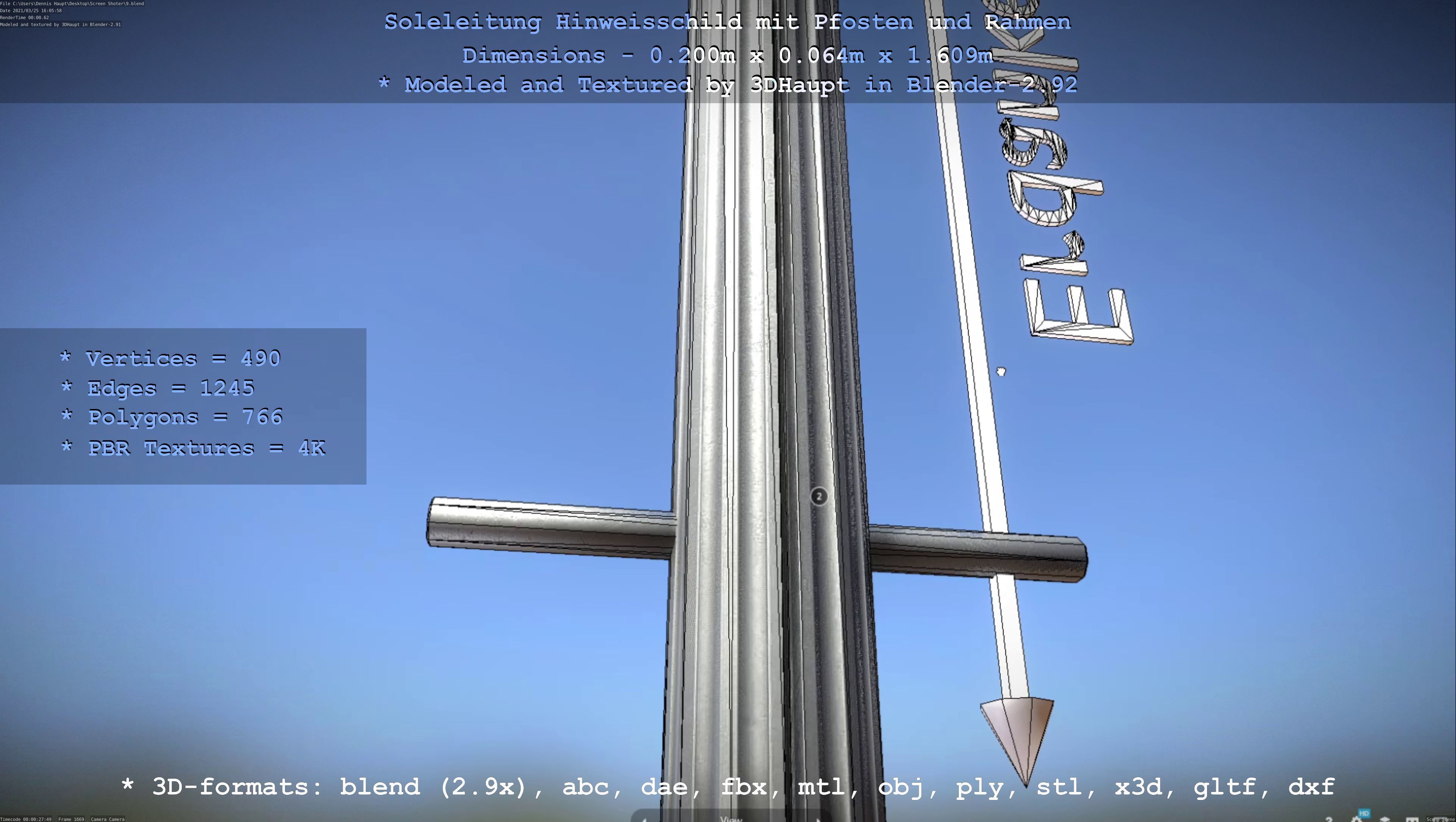 Hinweisschild Soleleitung mit Pfosten und Rahmen Low-poly 3D model_41