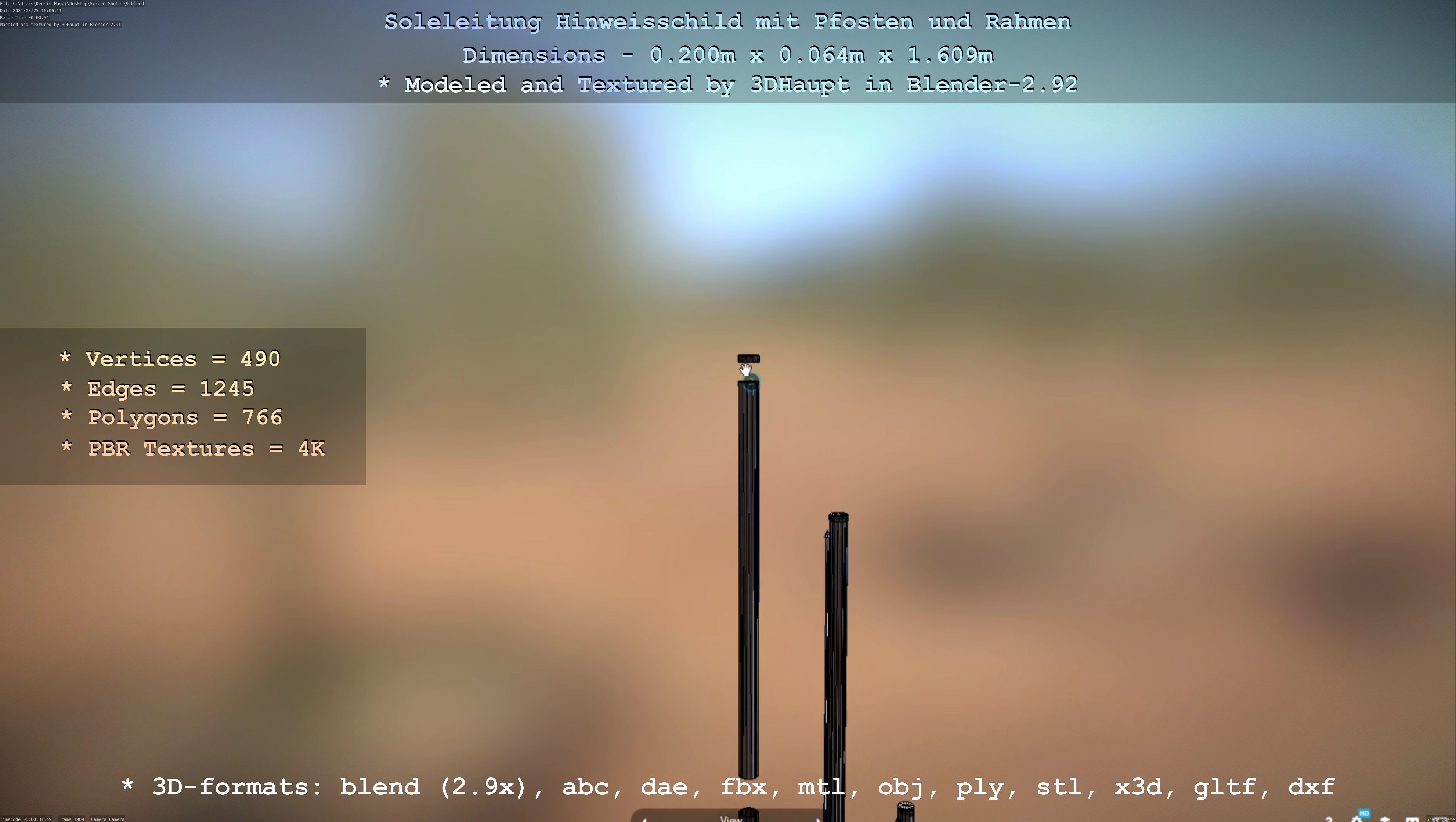 Hinweisschild Soleleitung mit Pfosten und Rahmen Low-poly 3D model_59