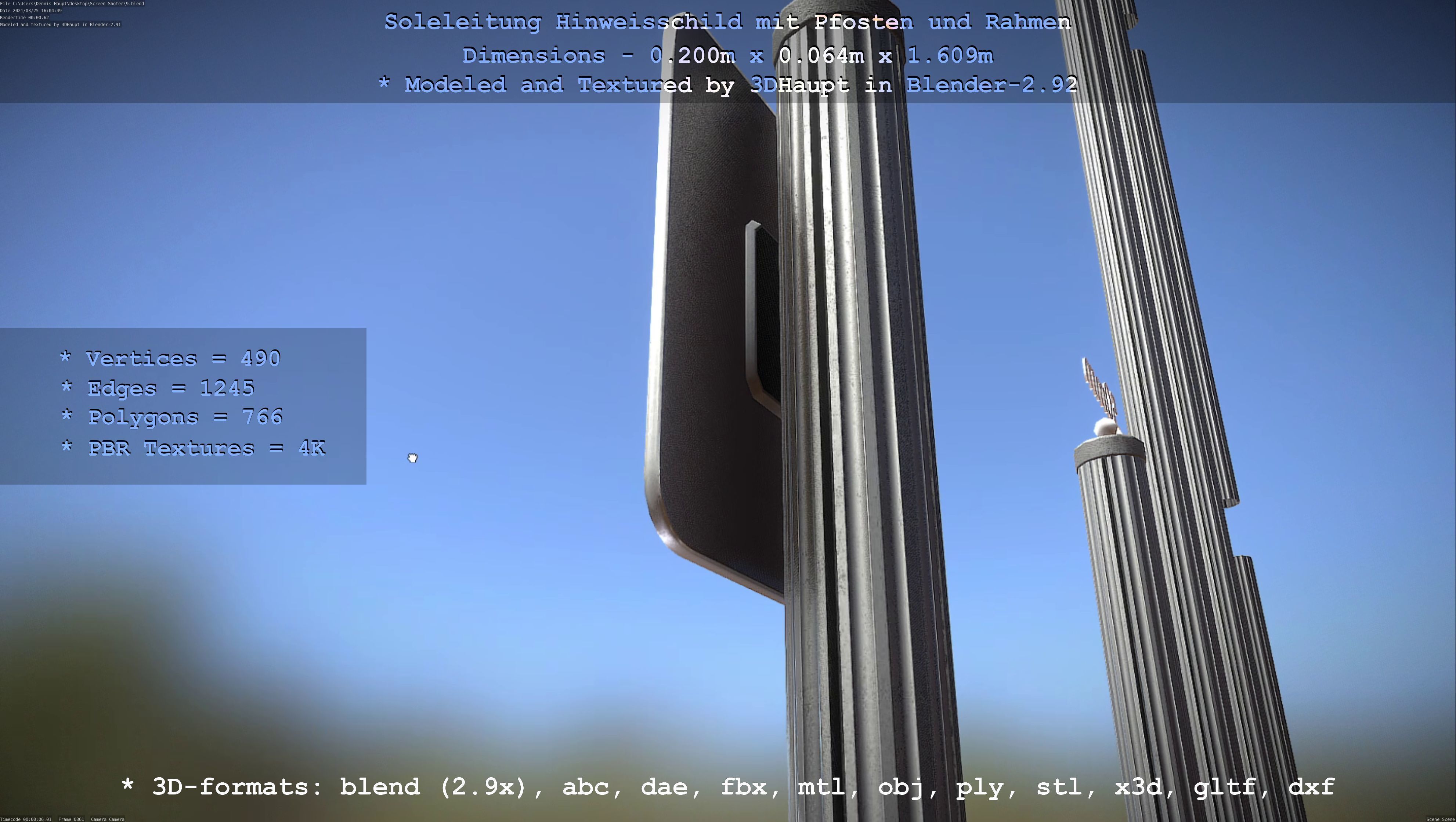 Hinweisschild Soleleitung mit Pfosten und Rahmen Low-poly 3D model_32