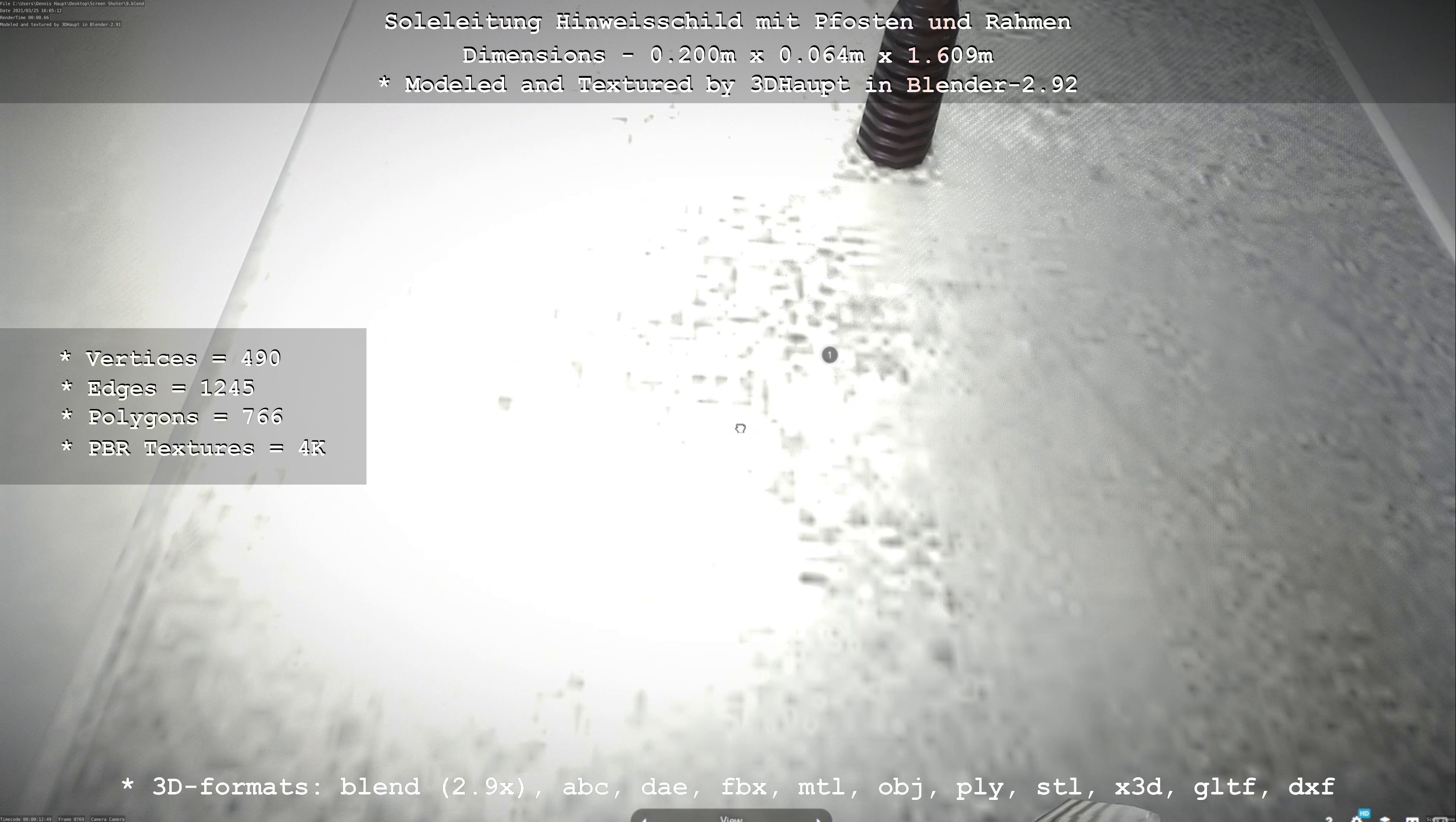 Hinweisschild Soleleitung mit Pfosten und Rahmen Low-poly 3D model_6