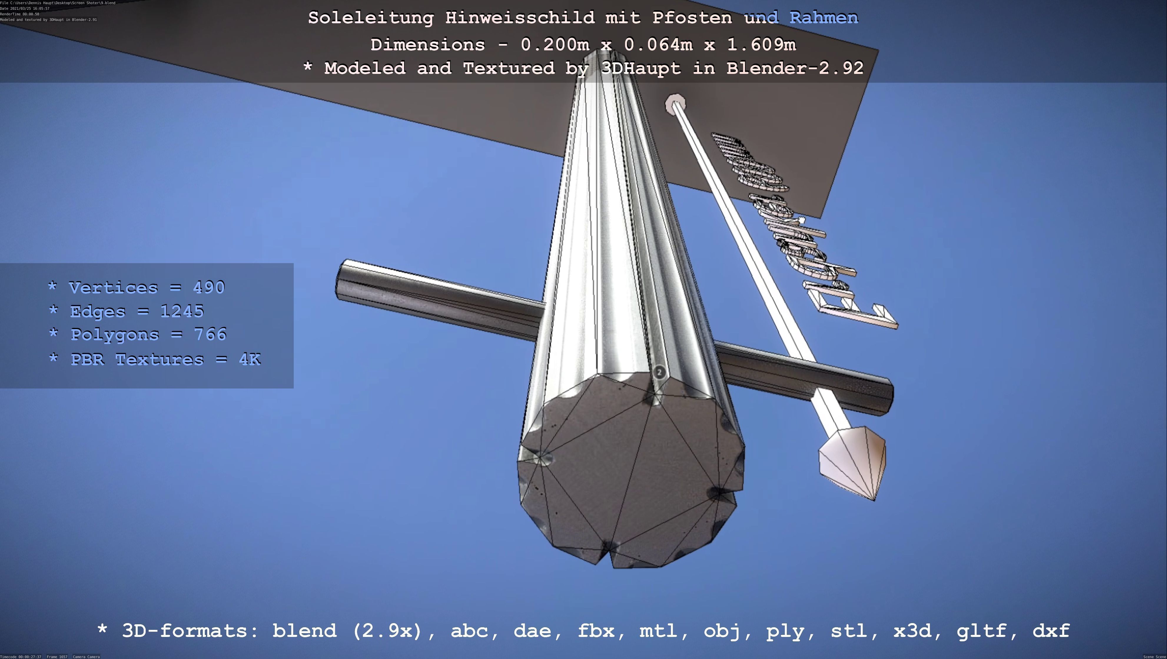 Hinweisschild Soleleitung mit Pfosten und Rahmen Low-poly 3D model_131