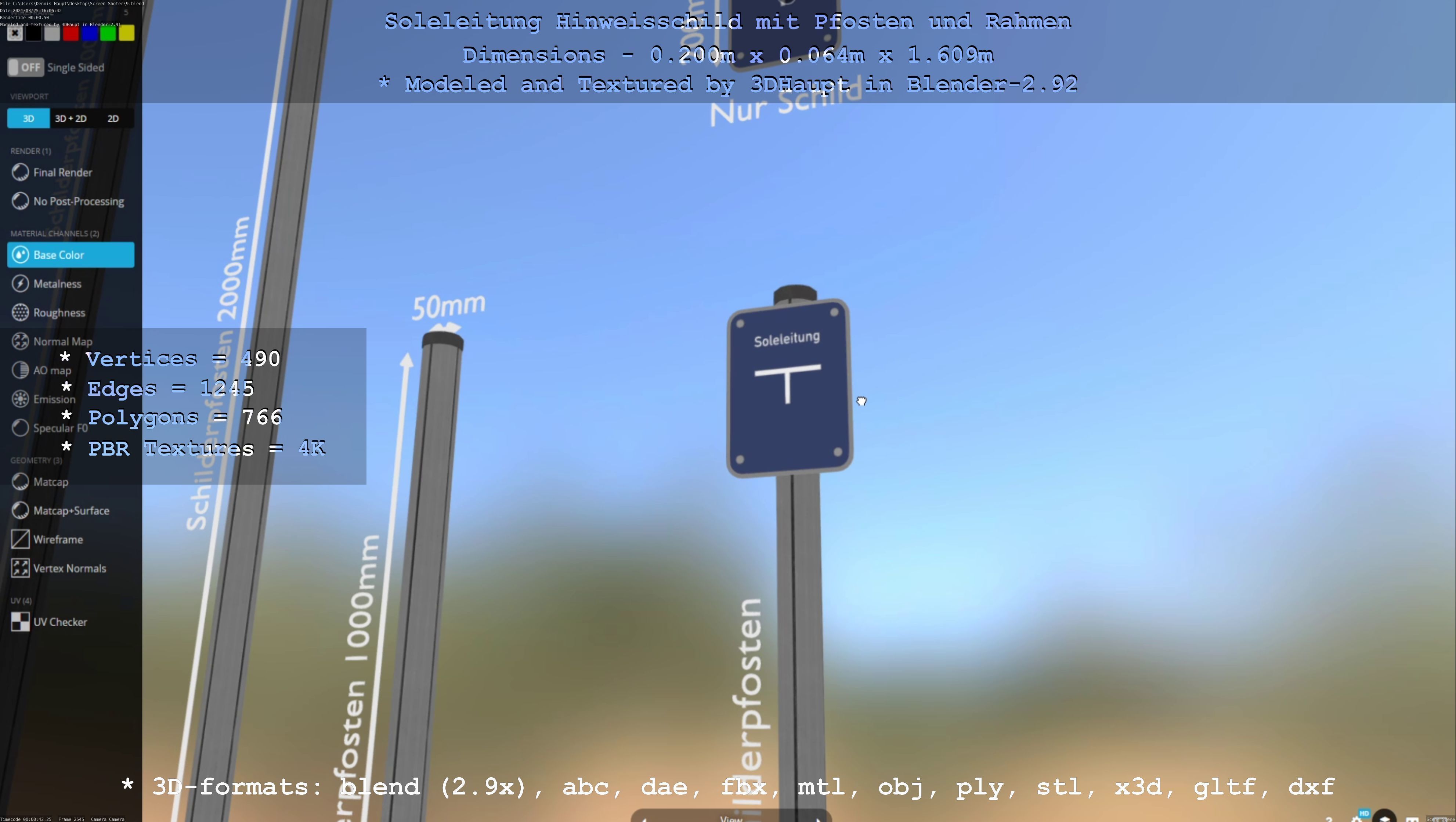 Hinweisschild Soleleitung mit Pfosten und Rahmen Low-poly 3D model_69