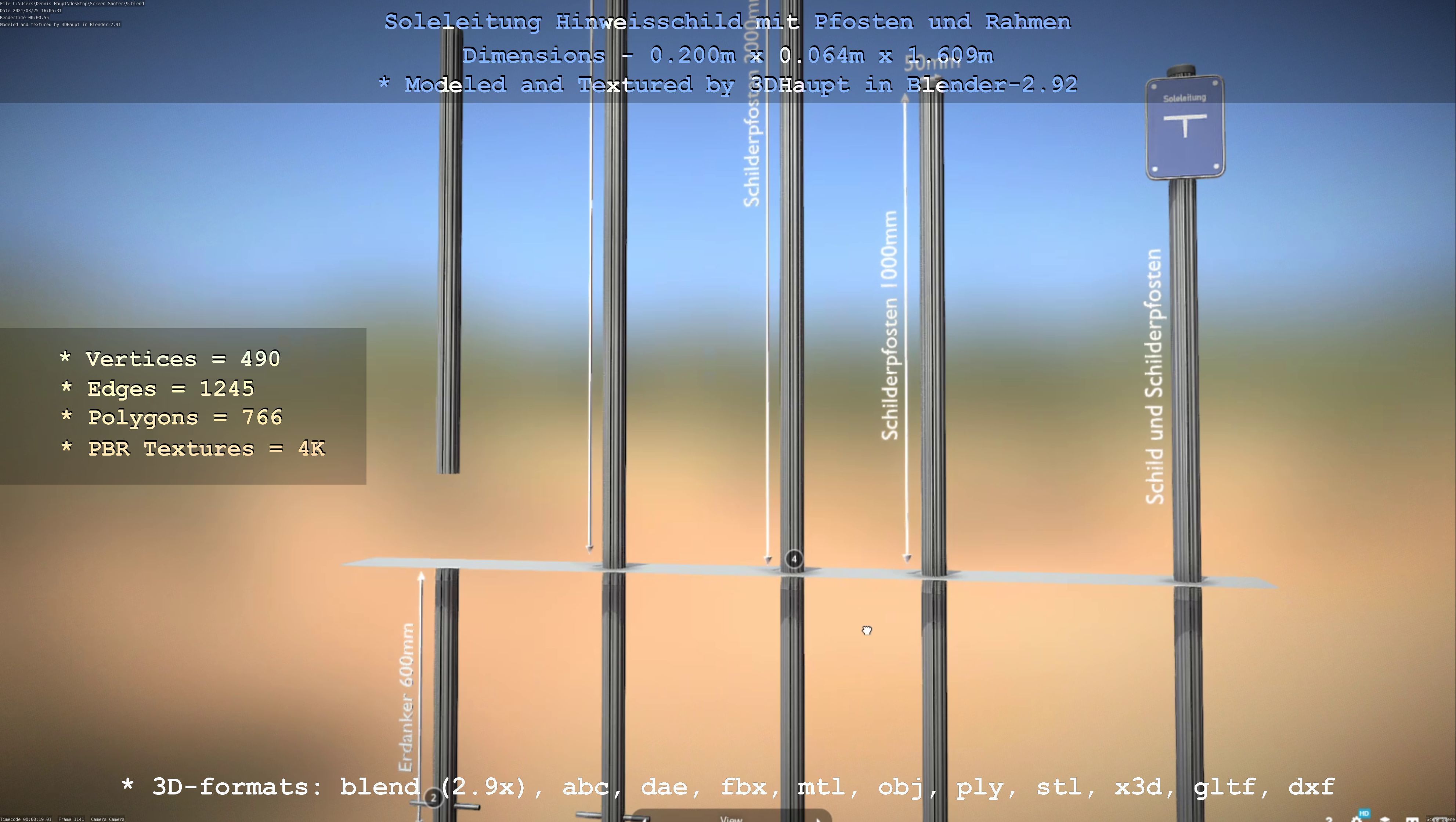 Hinweisschild Soleleitung mit Pfosten und Rahmen Low-poly 3D model_126