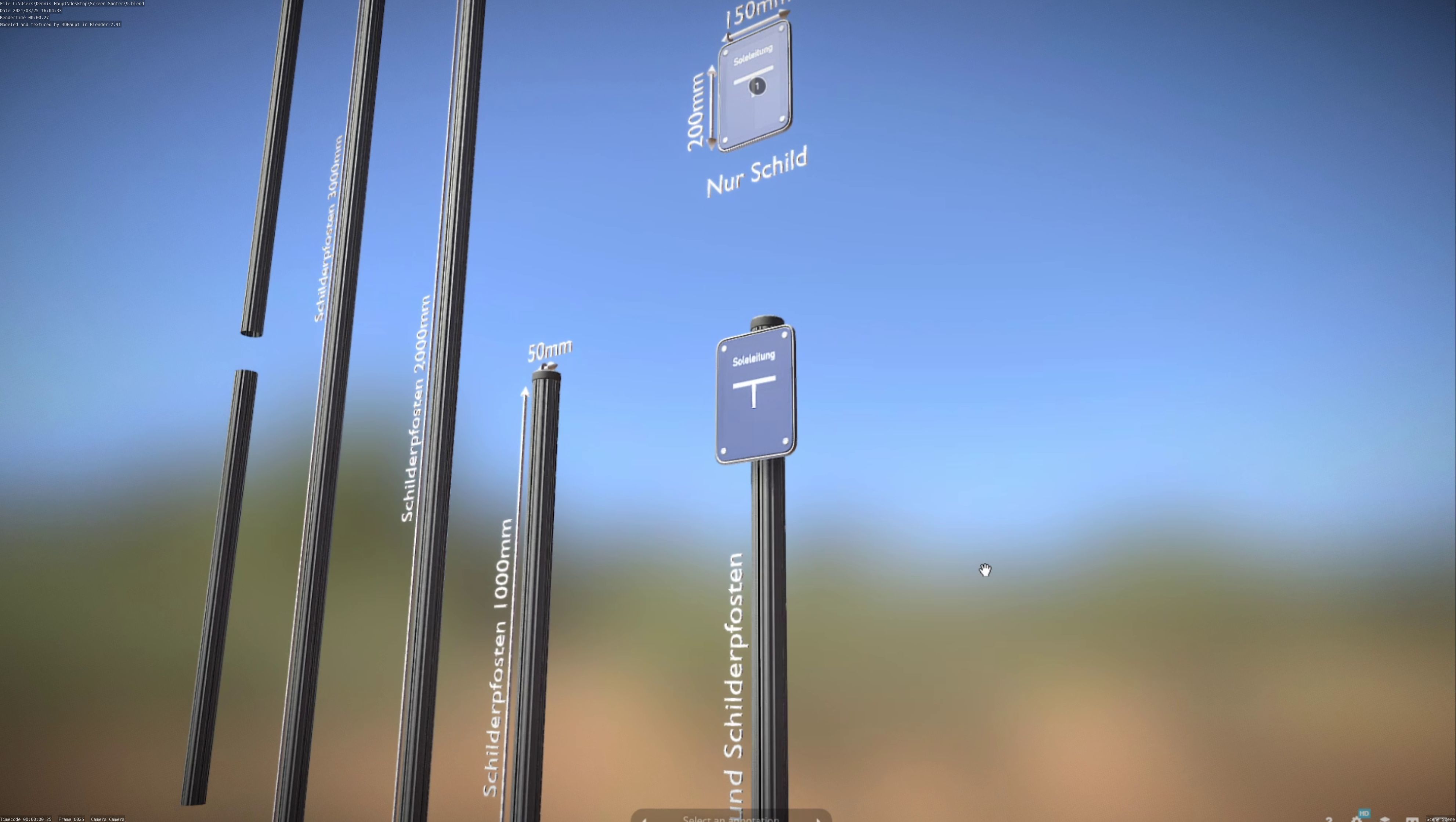 Hinweisschild Soleleitung mit Pfosten und Rahmen Low-poly 3D model_75