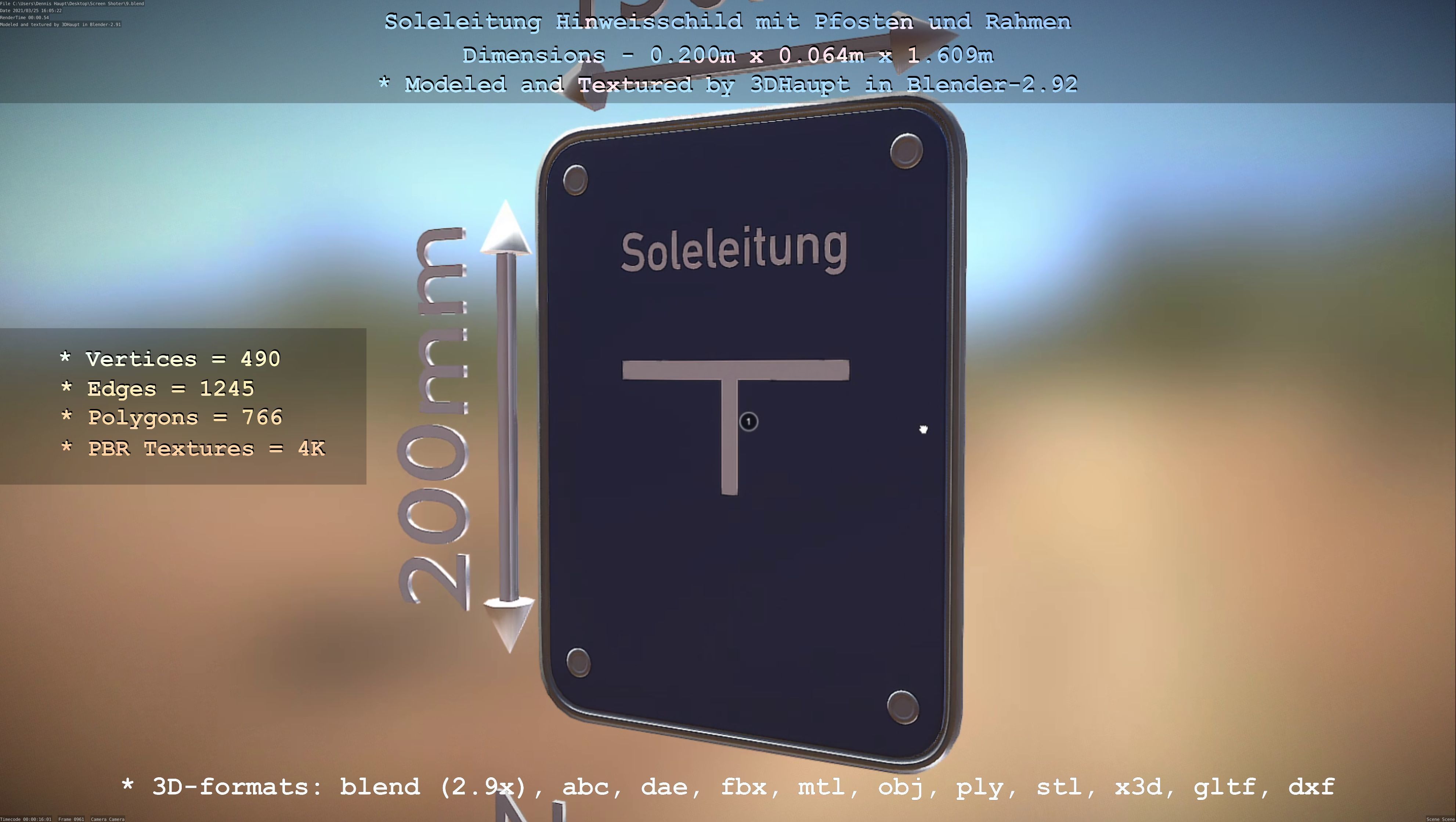 Hinweisschild Soleleitung mit Pfosten und Rahmen Low-poly 3D model_114