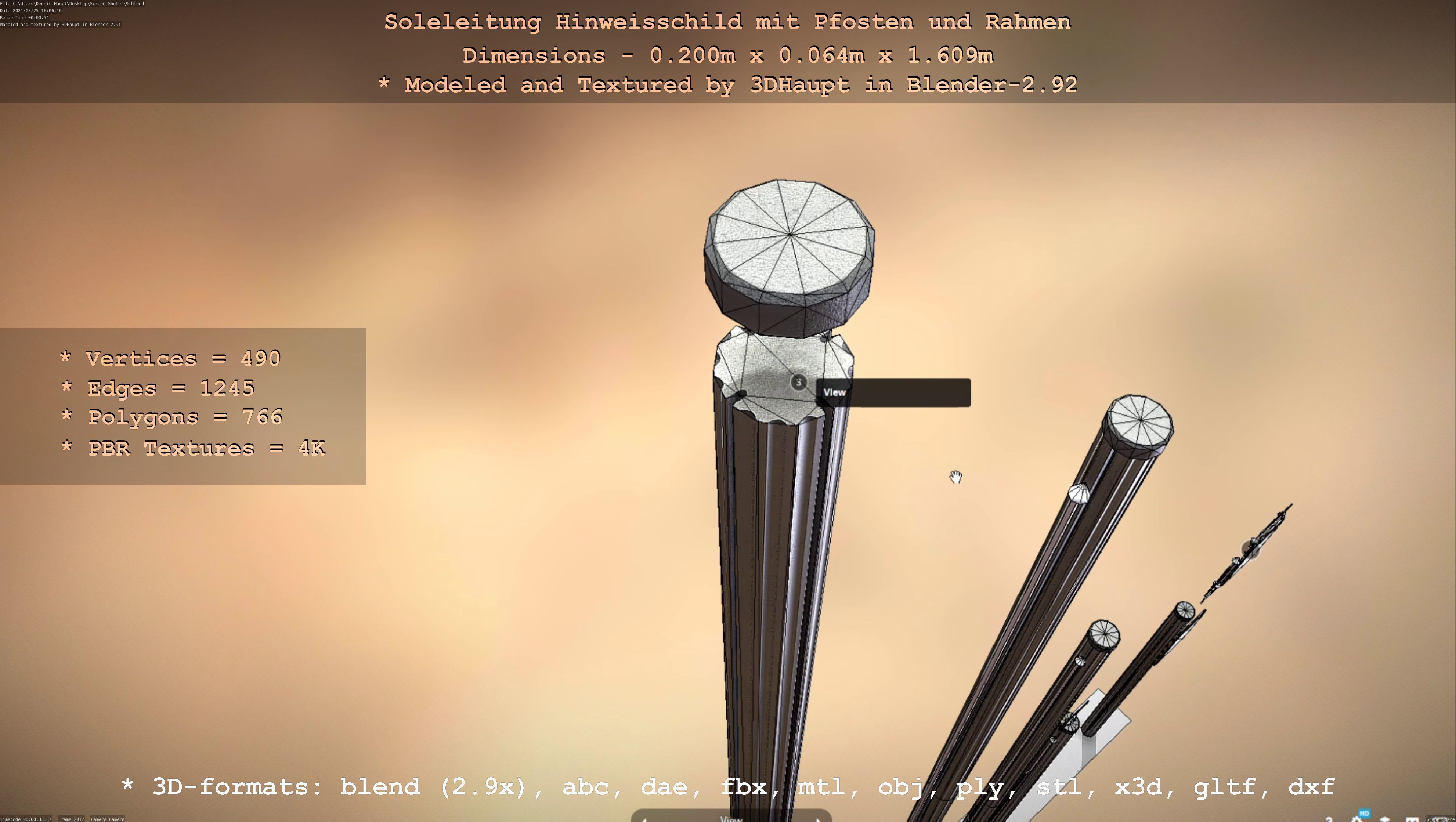 Hinweisschild Soleleitung mit Pfosten und Rahmen Low-poly 3D model_62