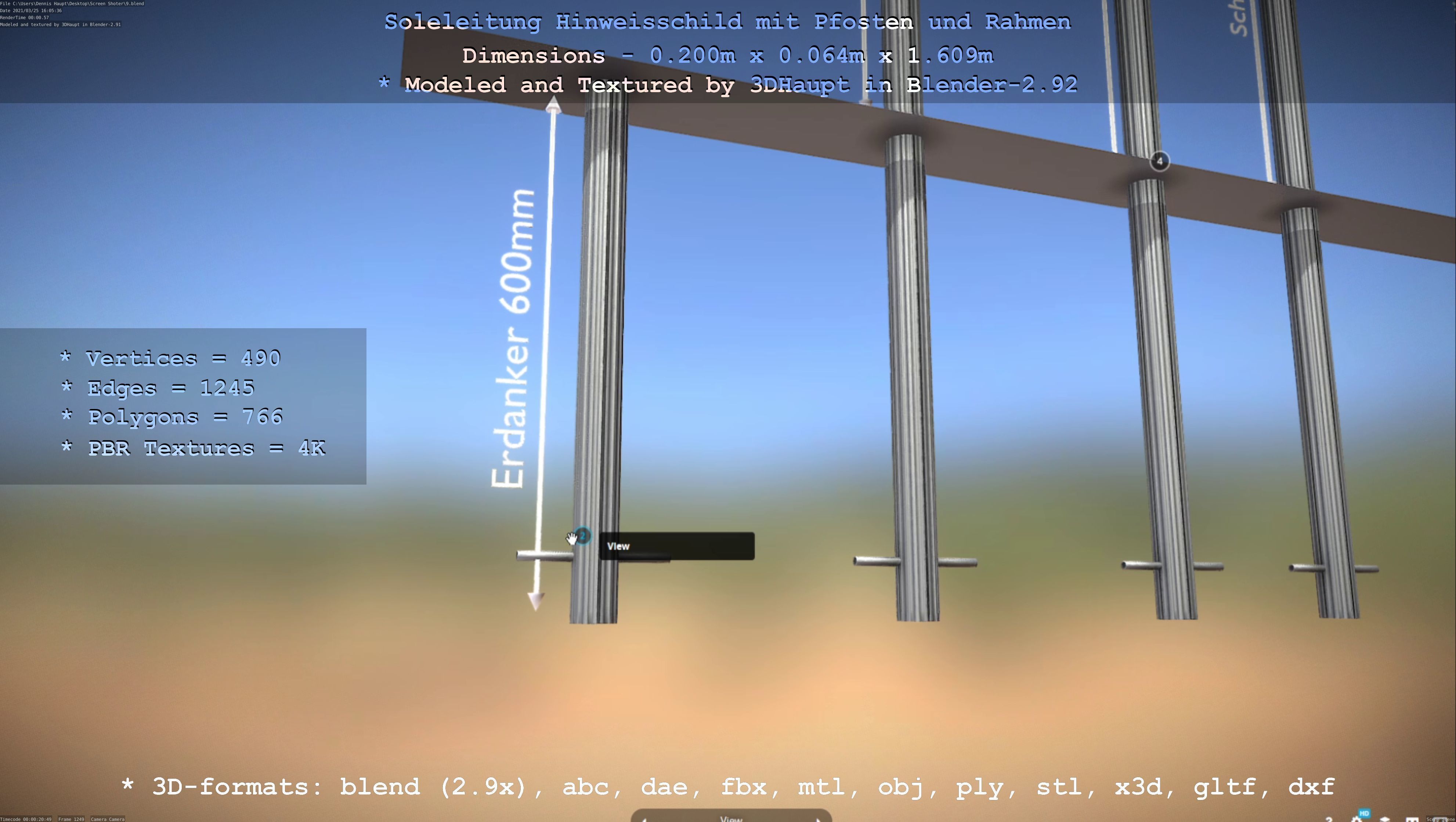 Hinweisschild Soleleitung mit Pfosten und Rahmen Low-poly 3D model_127