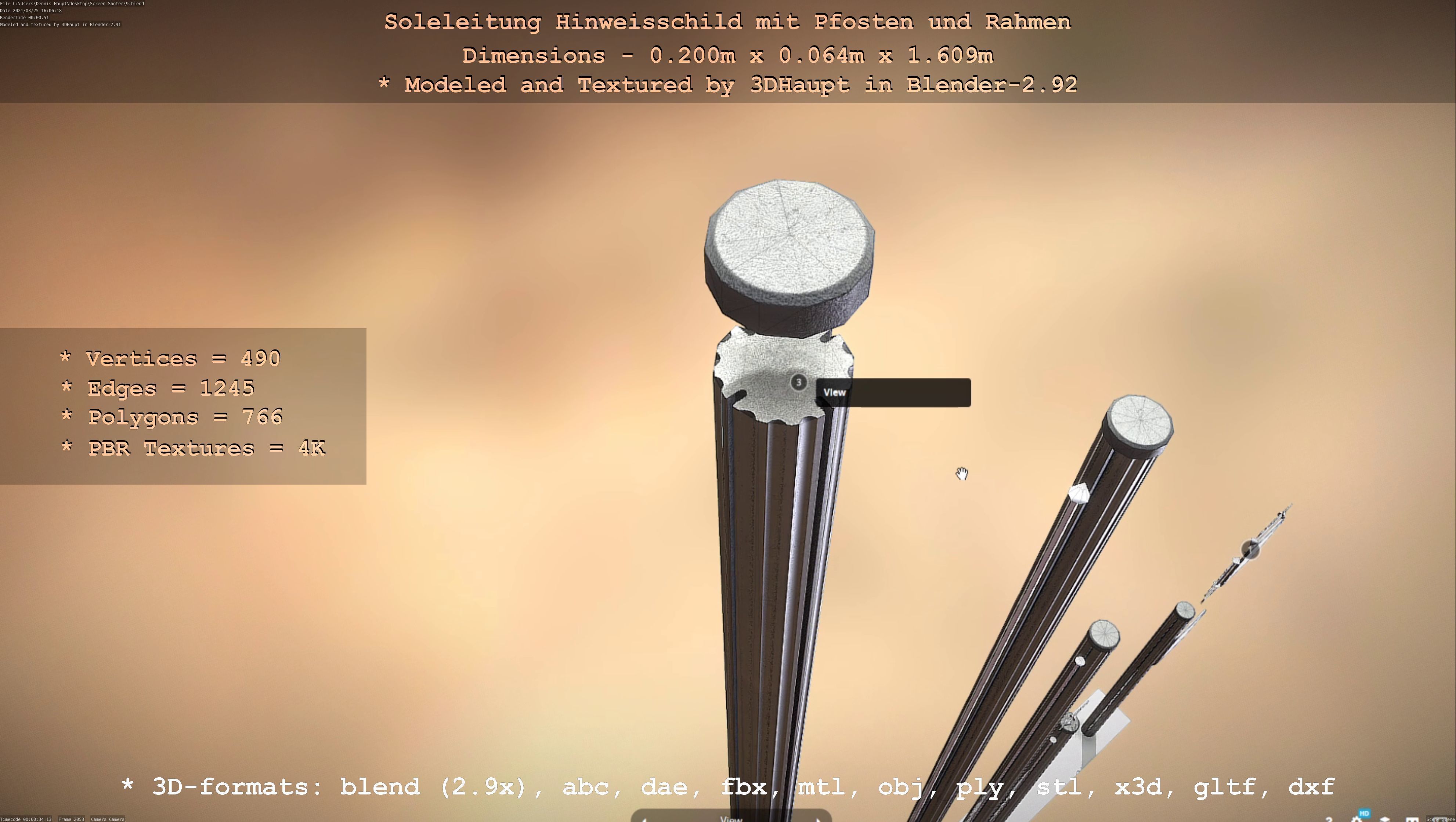 Hinweisschild Soleleitung mit Pfosten und Rahmen Low-poly 3D model_66