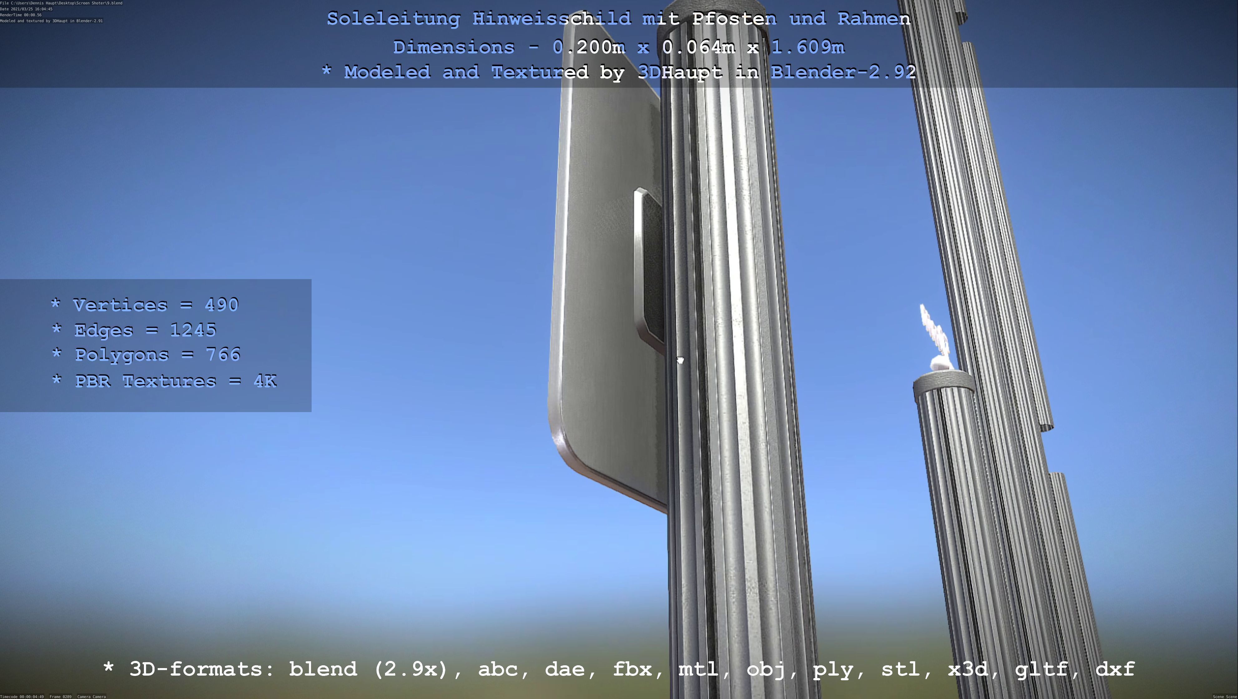 Hinweisschild Soleleitung mit Pfosten und Rahmen Low-poly 3D model_29