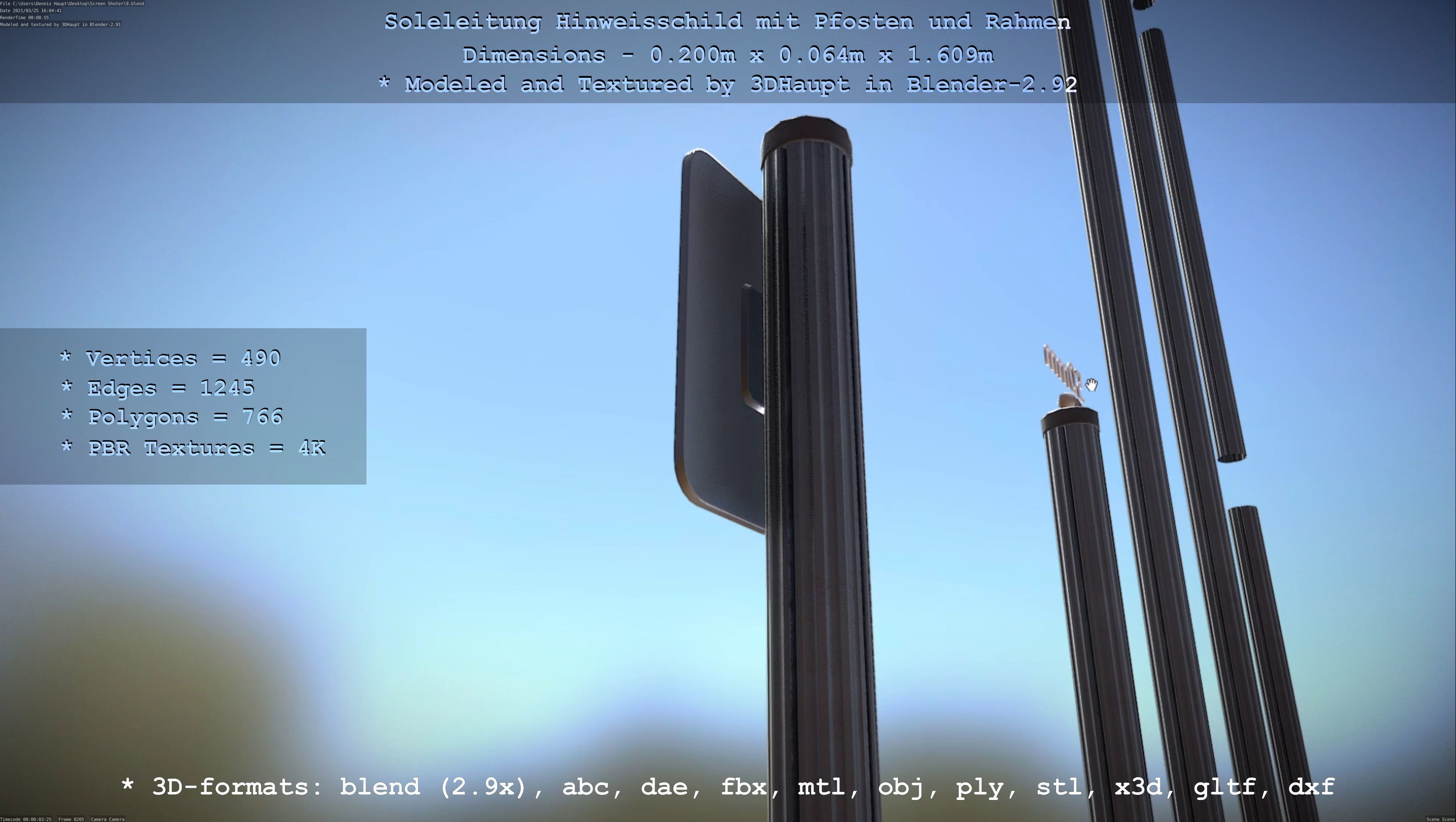 Hinweisschild Soleleitung mit Pfosten und Rahmen Low-poly 3D model_81