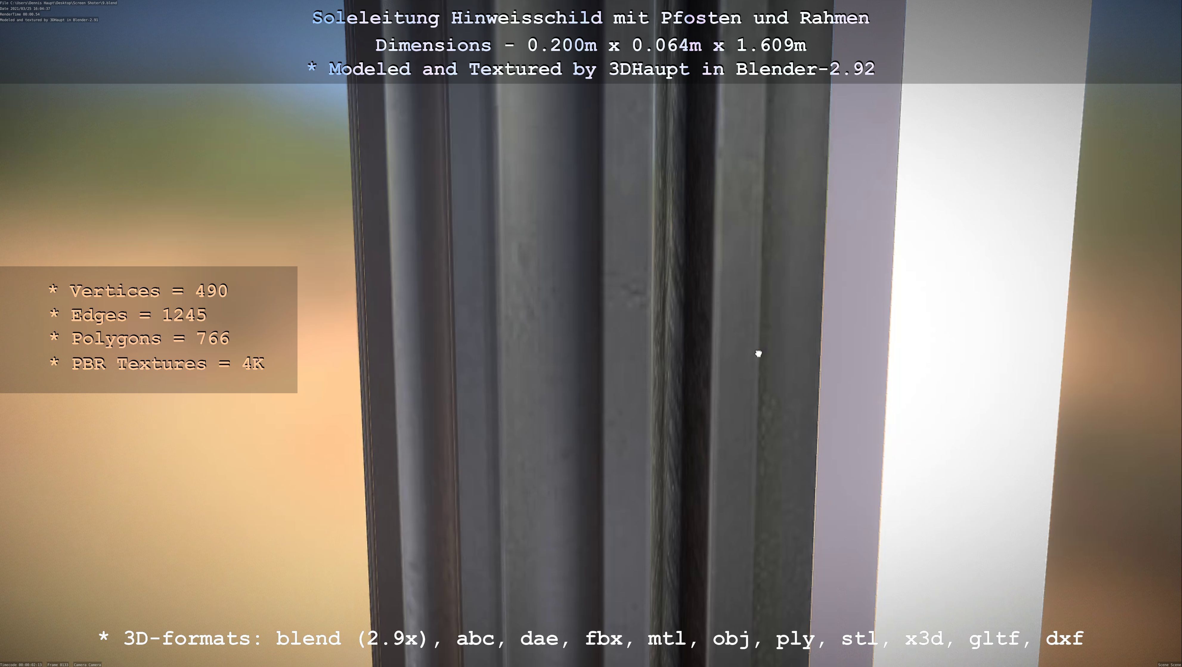 Hinweisschild Soleleitung mit Pfosten und Rahmen Low-poly 3D model_26