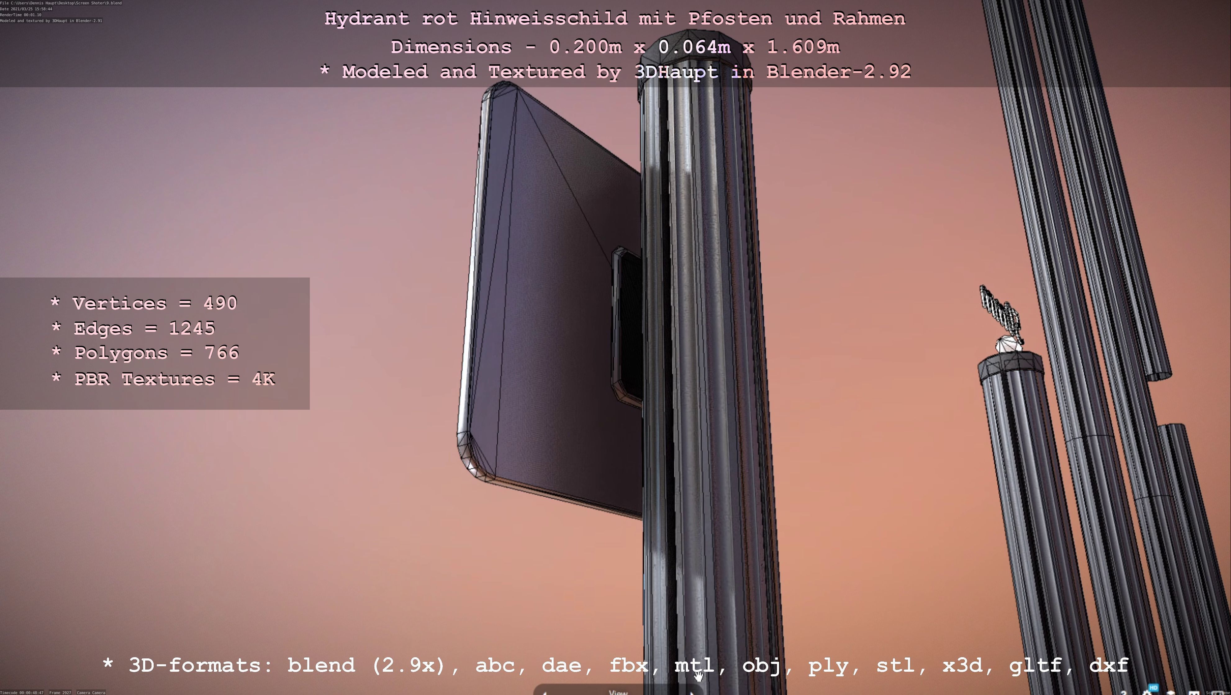 Hinweisschild Hydrant Rot mit Pfosten und Rahmen Low-poly 3D model_114