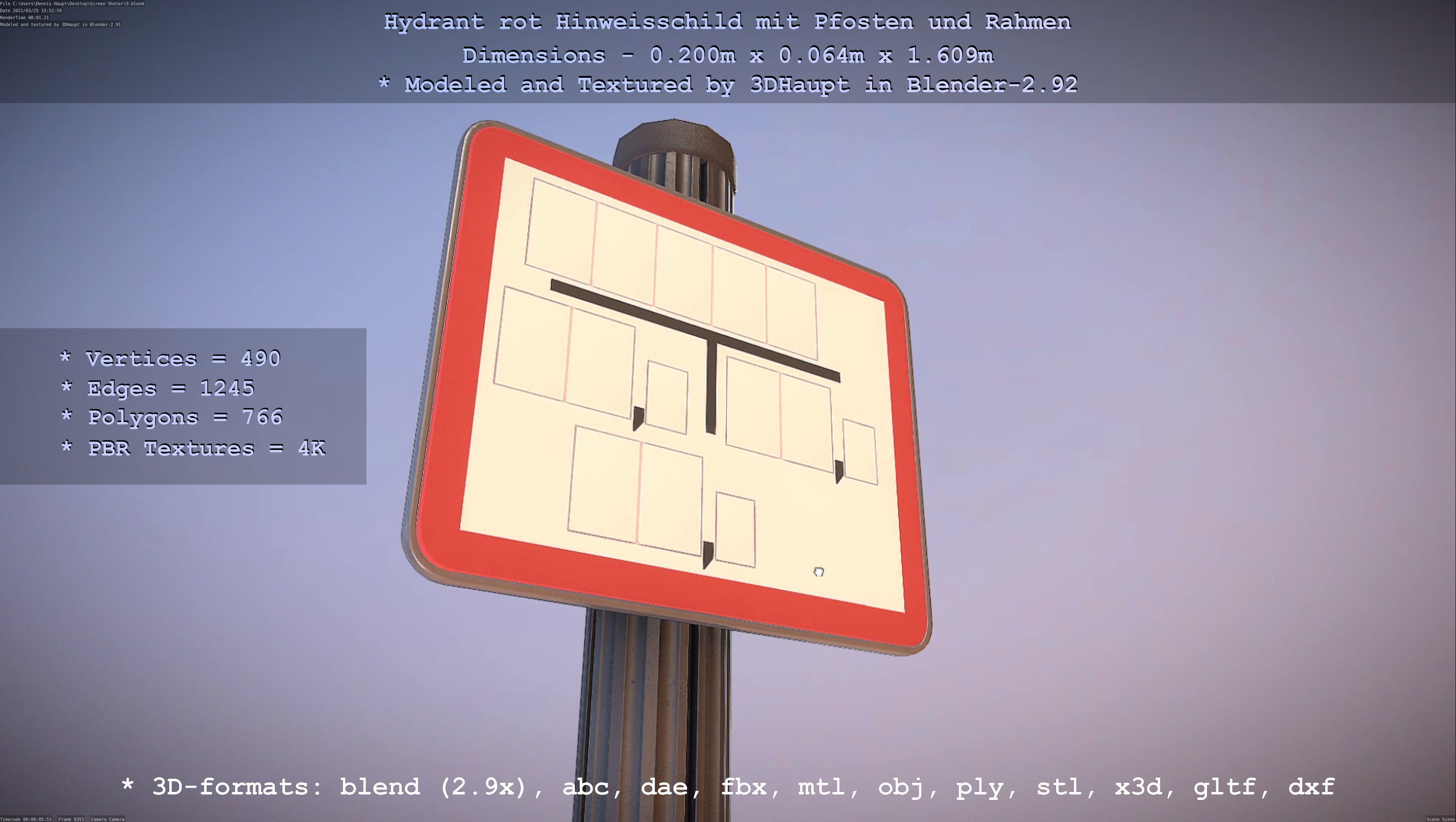 Hinweisschild Hydrant Rot mit Pfosten und Rahmen Low-poly 3D model_29