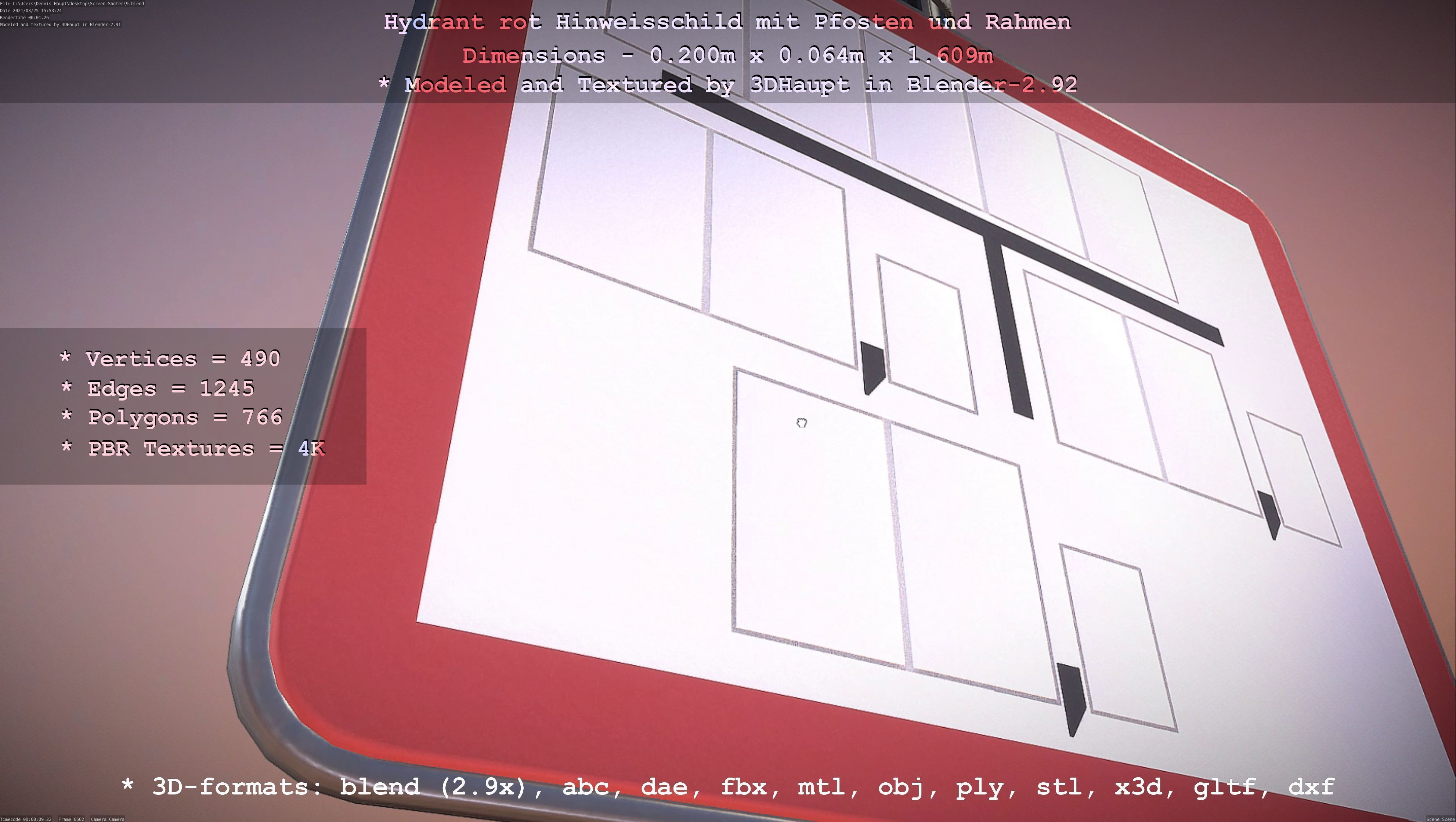 Hinweisschild Hydrant Rot mit Pfosten und Rahmen Low-poly 3D model_120