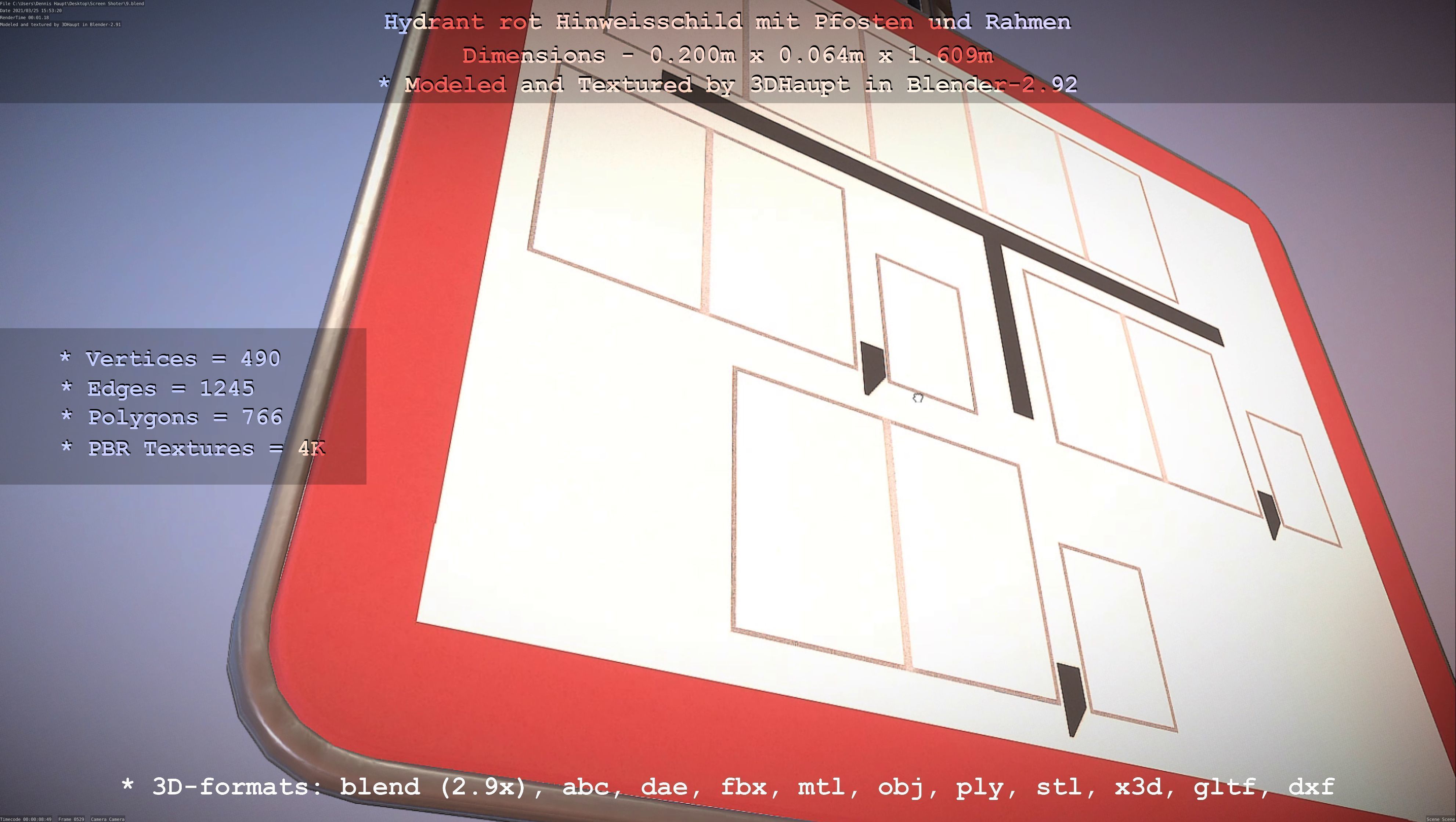 Hinweisschild Hydrant Rot mit Pfosten und Rahmen Low-poly 3D model_117