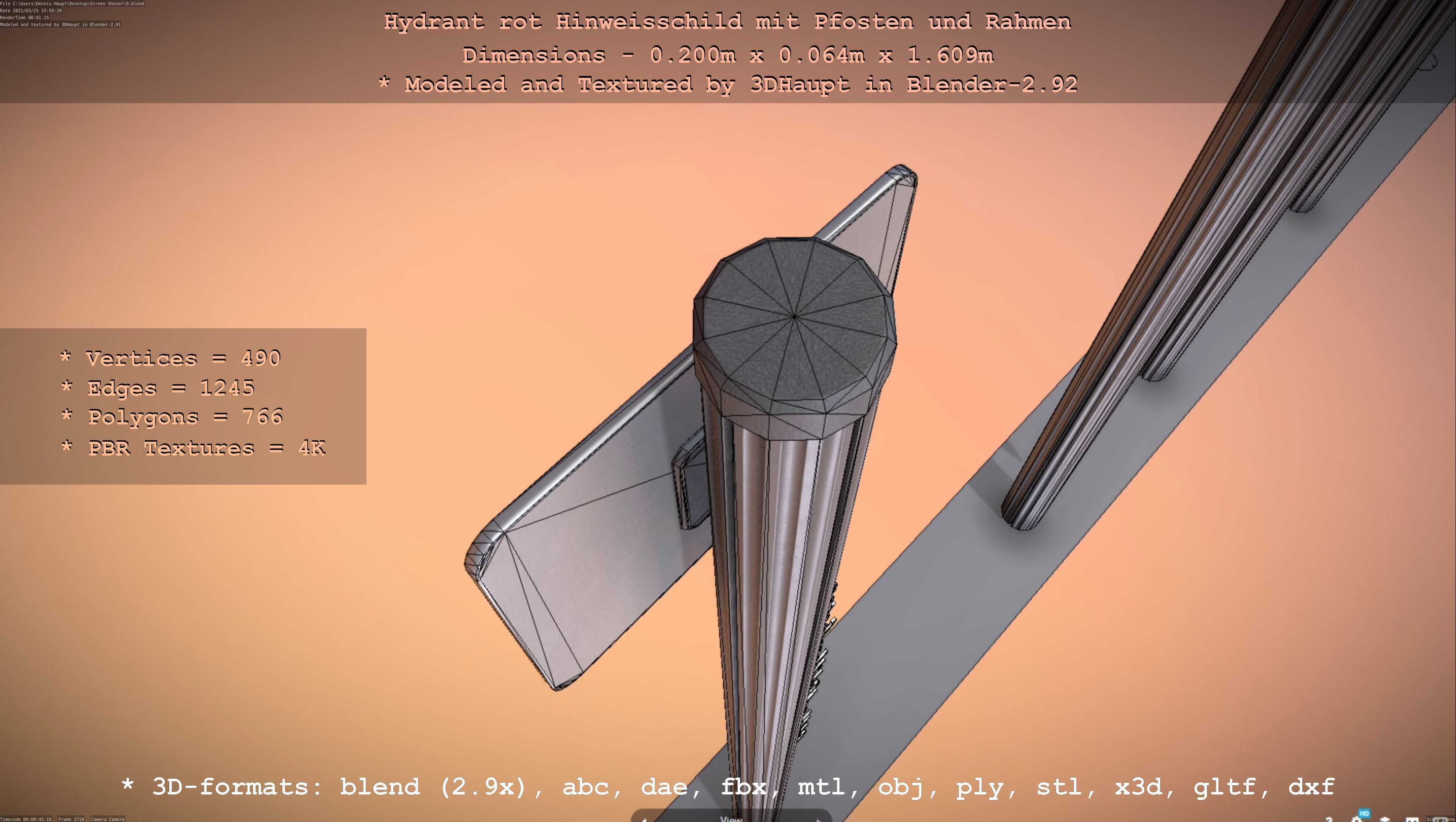 Hinweisschild Hydrant Rot mit Pfosten und Rahmen Low-poly 3D model_80