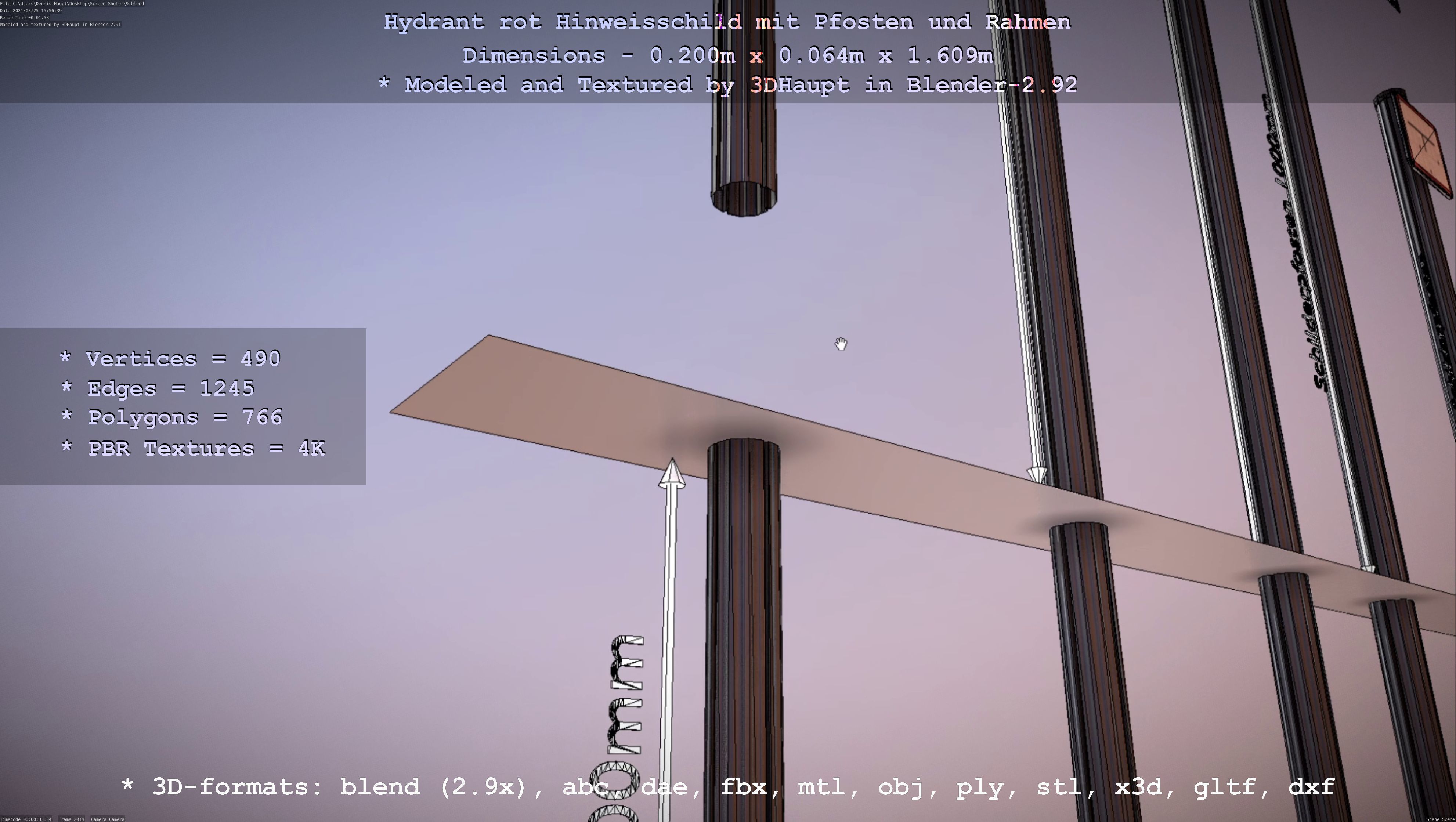 Hinweisschild Hydrant Rot mit Pfosten und Rahmen Low-poly 3D model_45