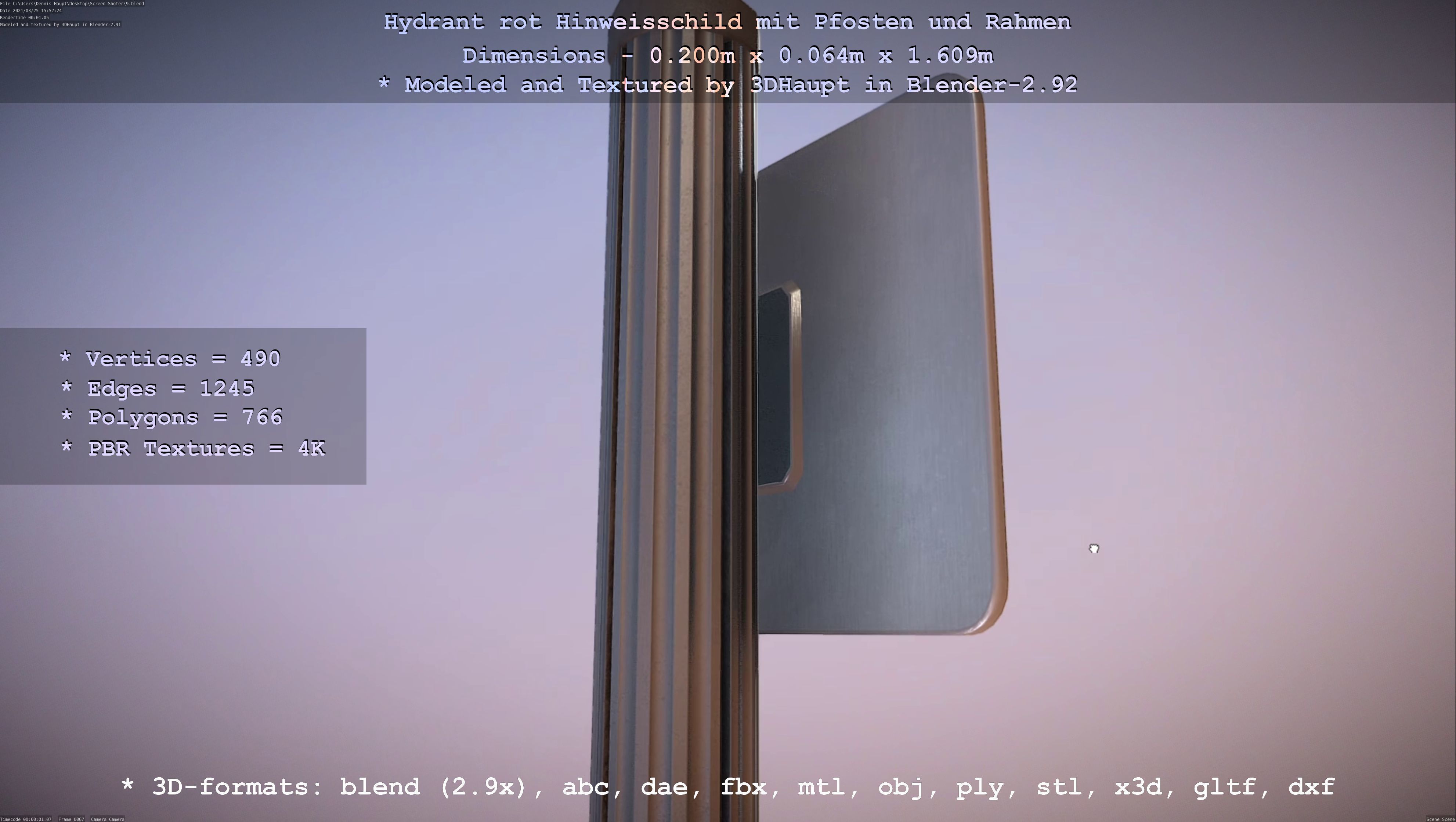 Hinweisschild Hydrant Rot mit Pfosten und Rahmen Low-poly 3D model_131