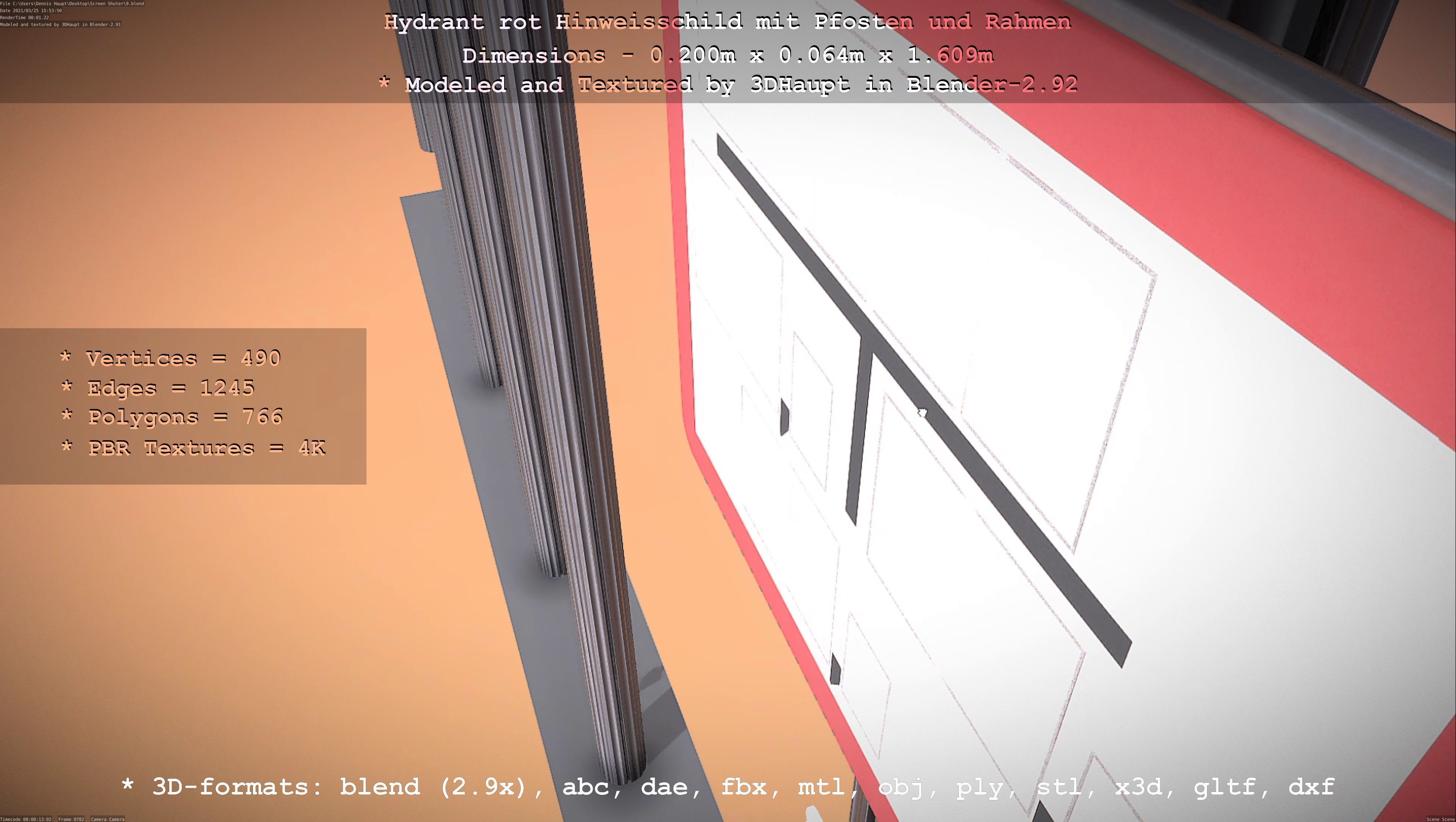 Hinweisschild Hydrant Rot mit Pfosten und Rahmen Low-poly 3D model_134