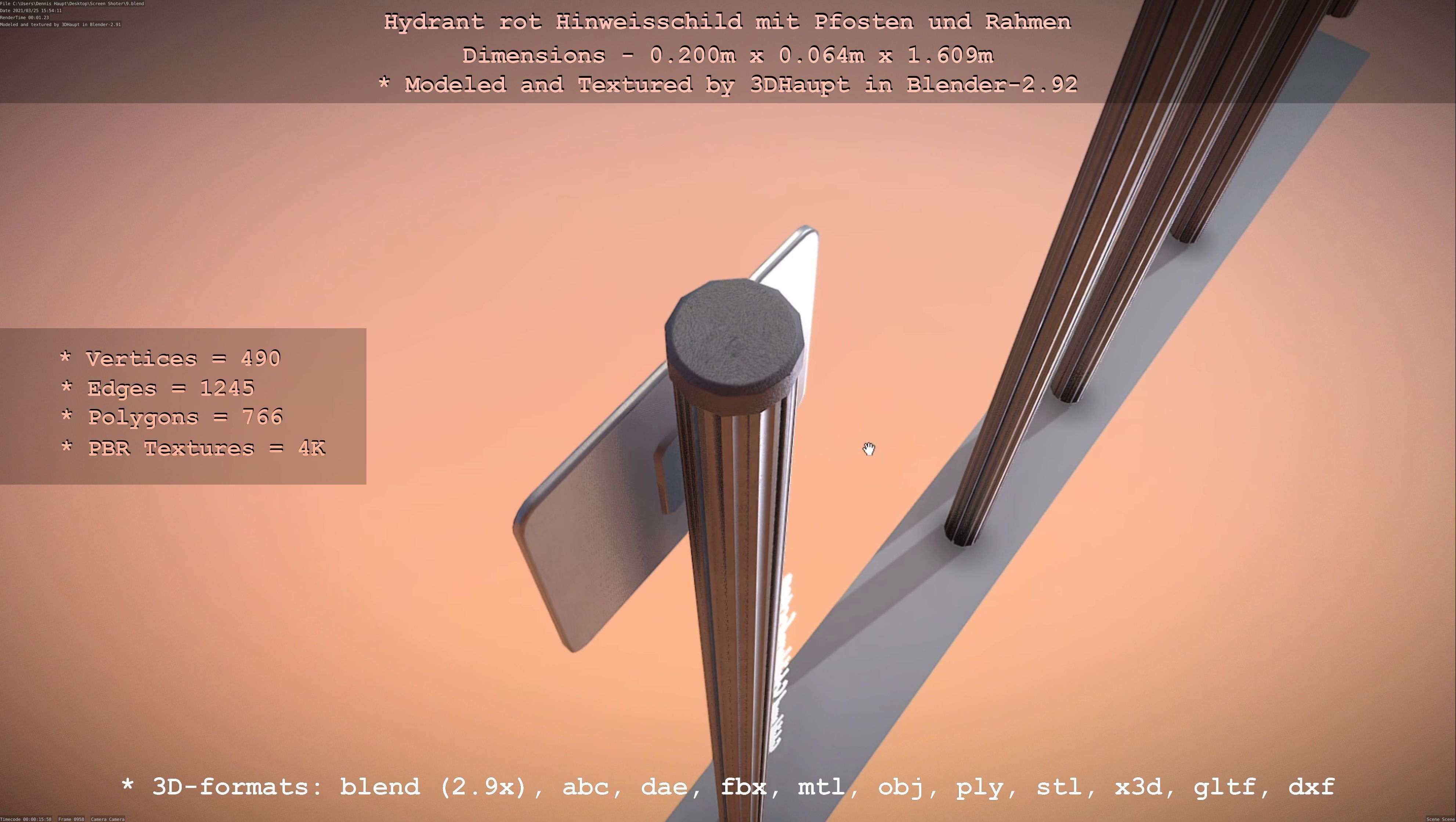 Hinweisschild Hydrant Rot mit Pfosten und Rahmen Low-poly 3D model_95