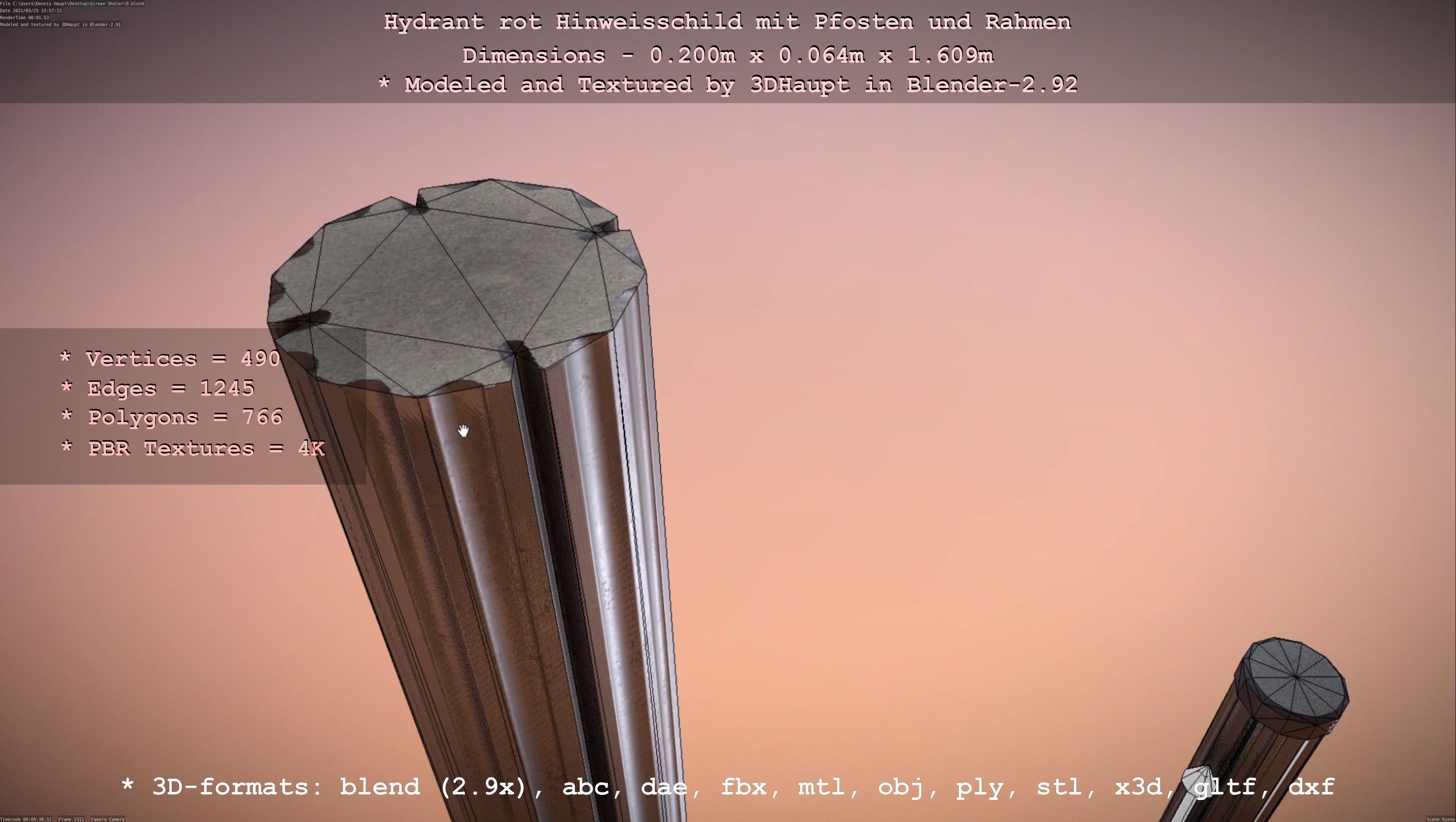 Hinweisschild Hydrant Rot mit Pfosten und Rahmen Low-poly 3D model_62