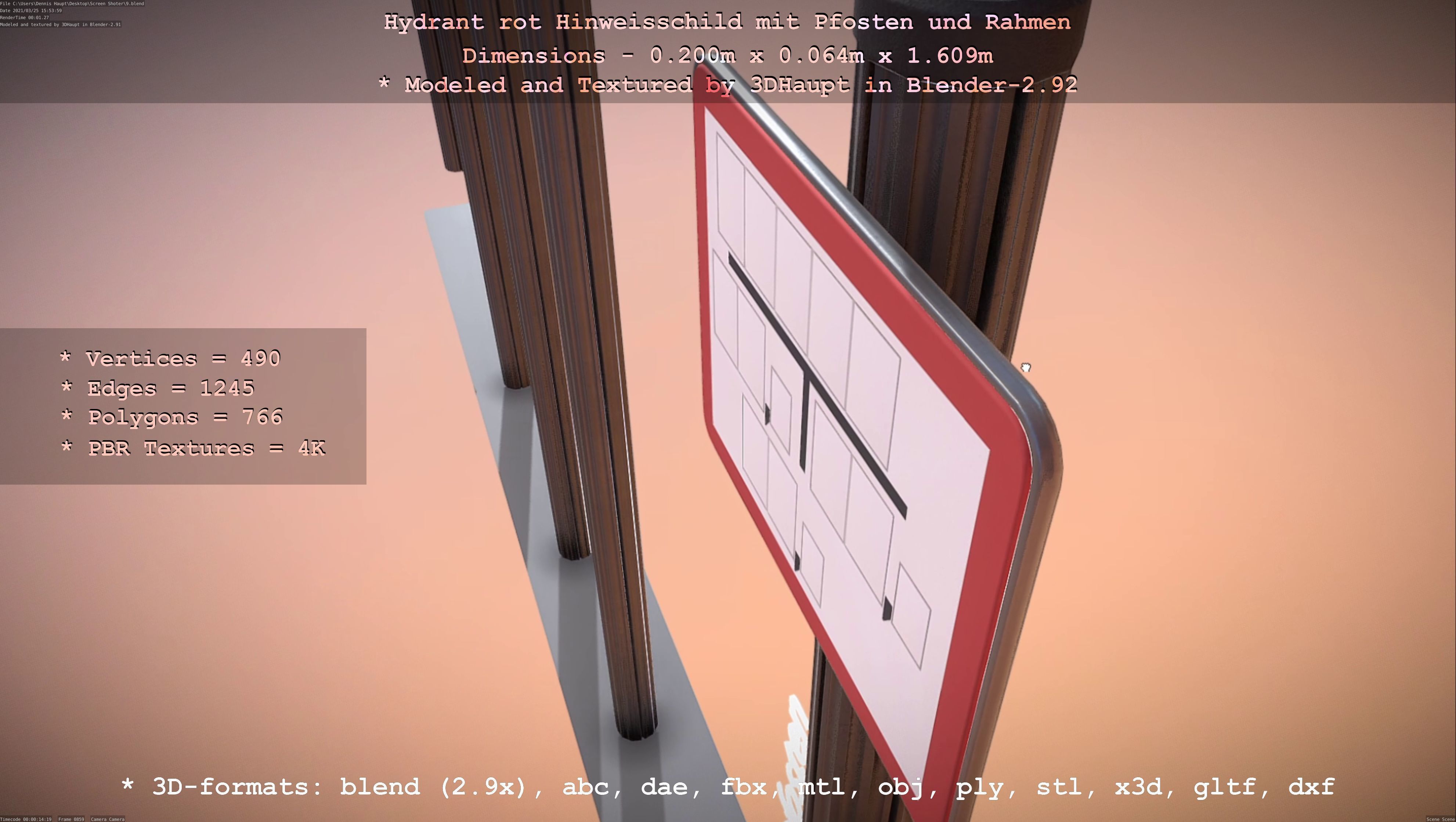 Hinweisschild Hydrant Rot mit Pfosten und Rahmen Low-poly 3D model_92