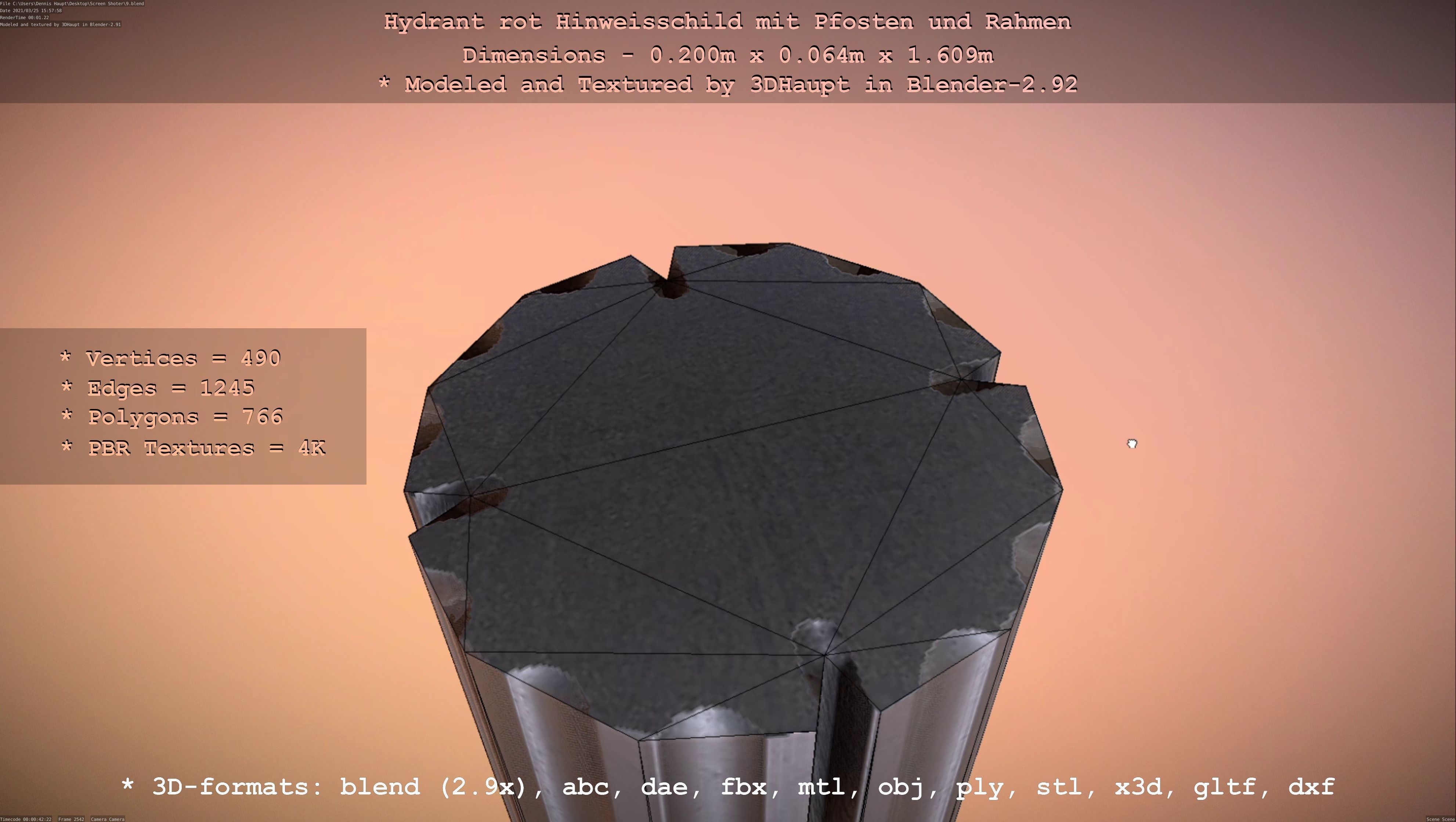 Hinweisschild Hydrant Rot mit Pfosten und Rahmen Low-poly 3D model_71