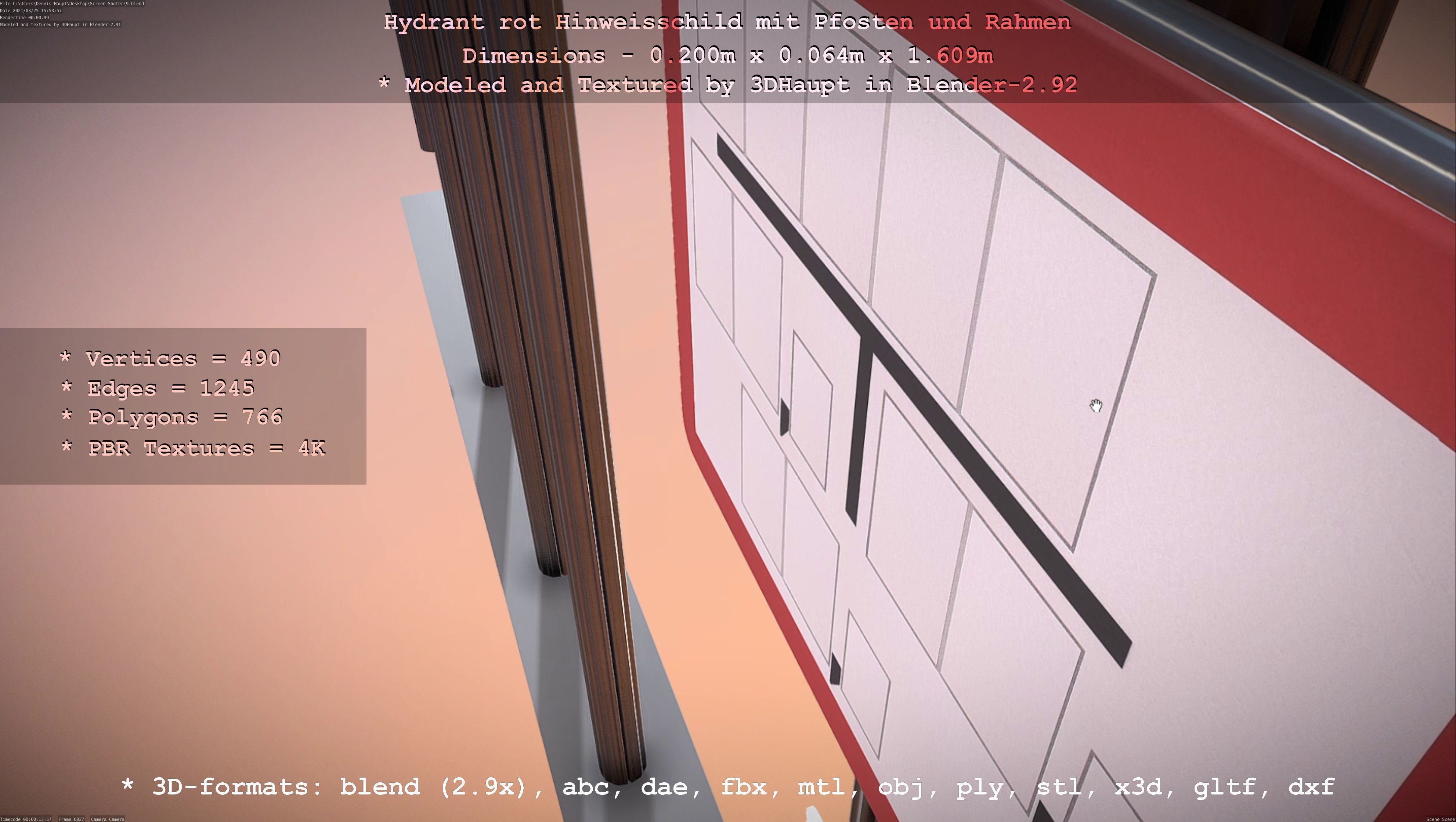 Hinweisschild Hydrant Rot mit Pfosten und Rahmen Low-poly 3D model_115